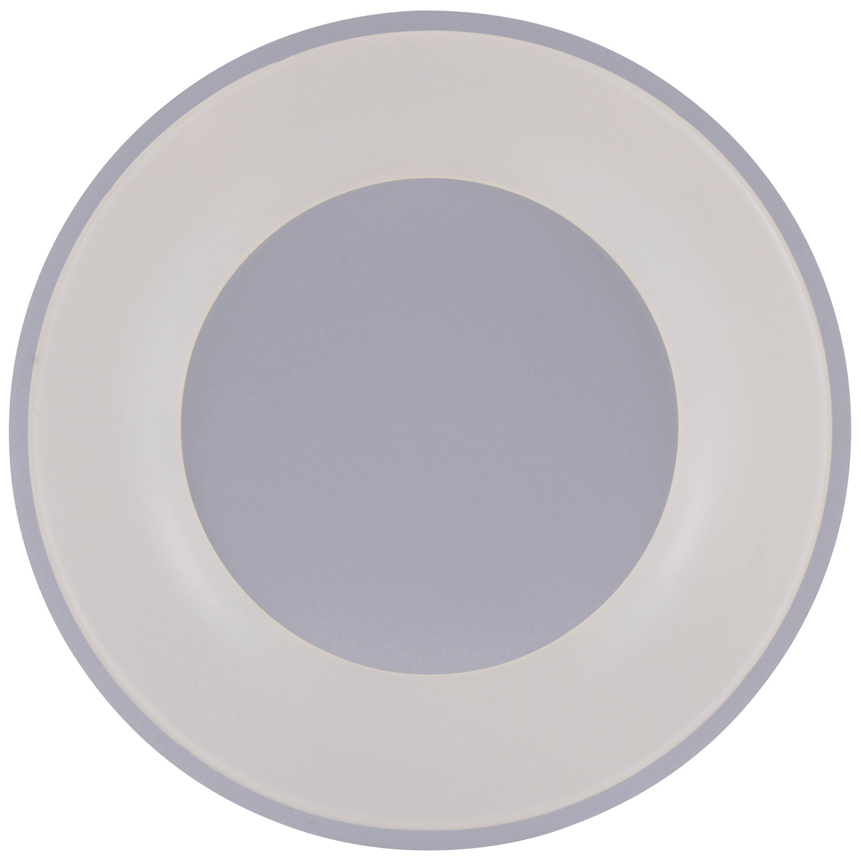 Ein runder, grauer Teller mit breitem, hellem Rand. Die Form und Farbe sind schlicht und modern.