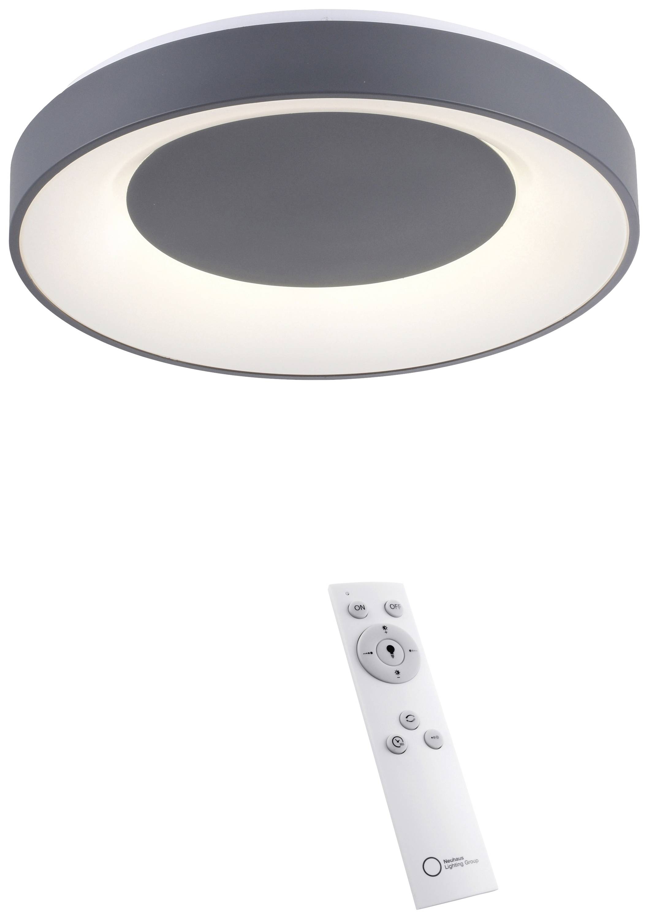 Runde Deckenleuchte mit grauer Umrandung, leuchtet hell. Darunter eine weiße Fernbedienung mit Tasten zur Steuerung der Lampe.