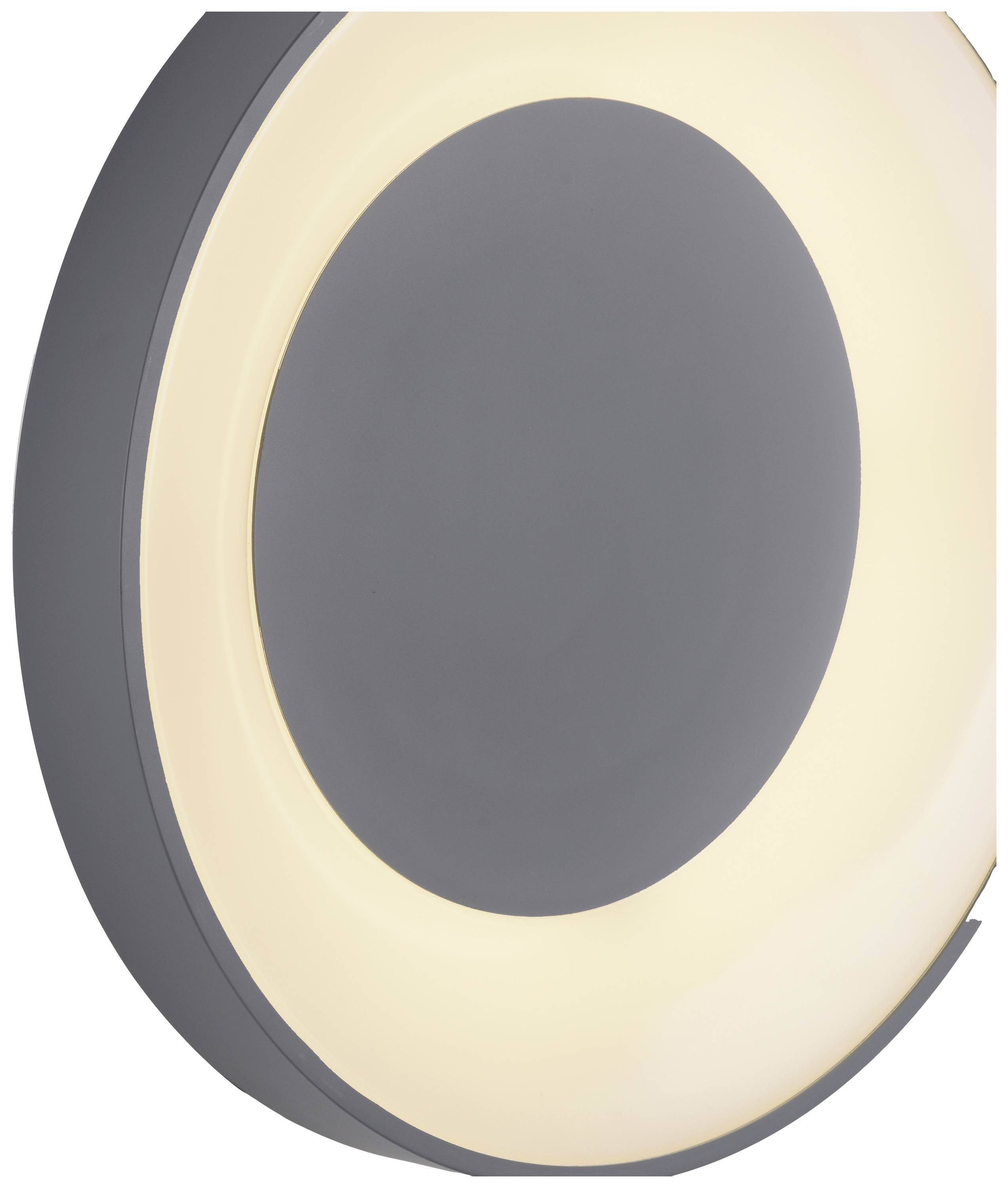 Runde, moderne Wandleuchte mit zentralem grauem Kreis und leuchtendem LED-Ring.