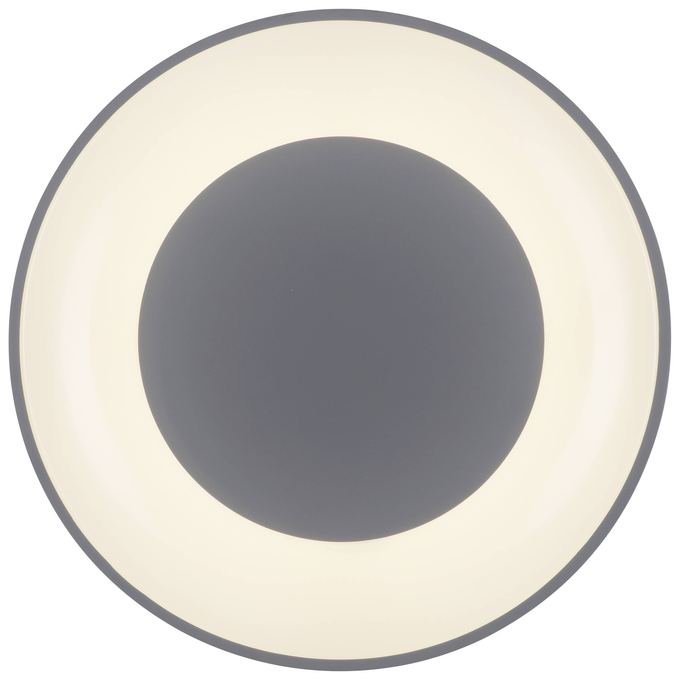 Runde Deckenlampe mit zentralem, dunklem Kreis, umgeben von leuchtendem Lichtkranz, gleichmäßig verteilt für stimmungsvolle Beleuchtung.