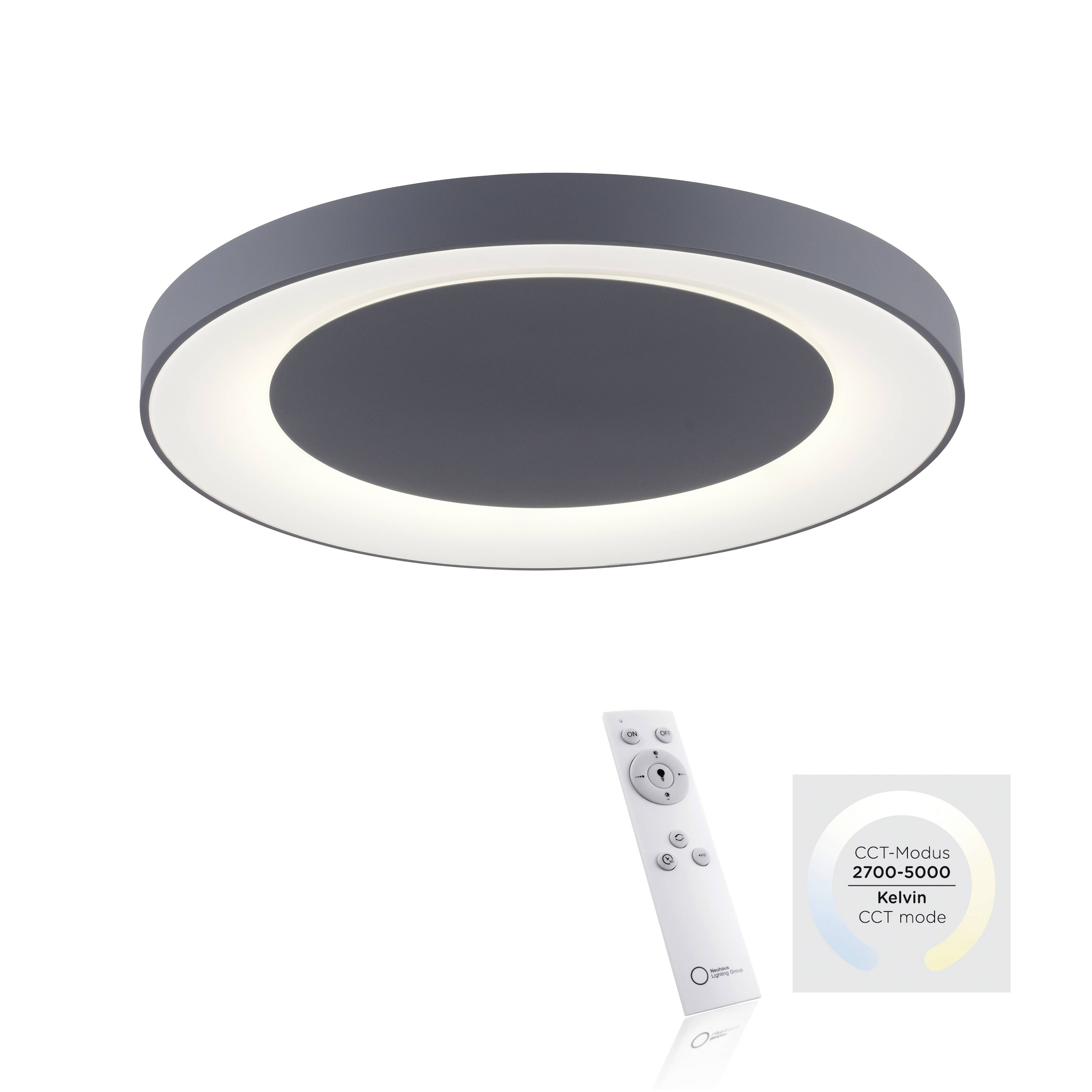 Deckenleuchte in runder Form mit Fernbedienung. Licht kann von warmweiß bis kaltweiß eingestellt werden (2700-5000 Kelvin).