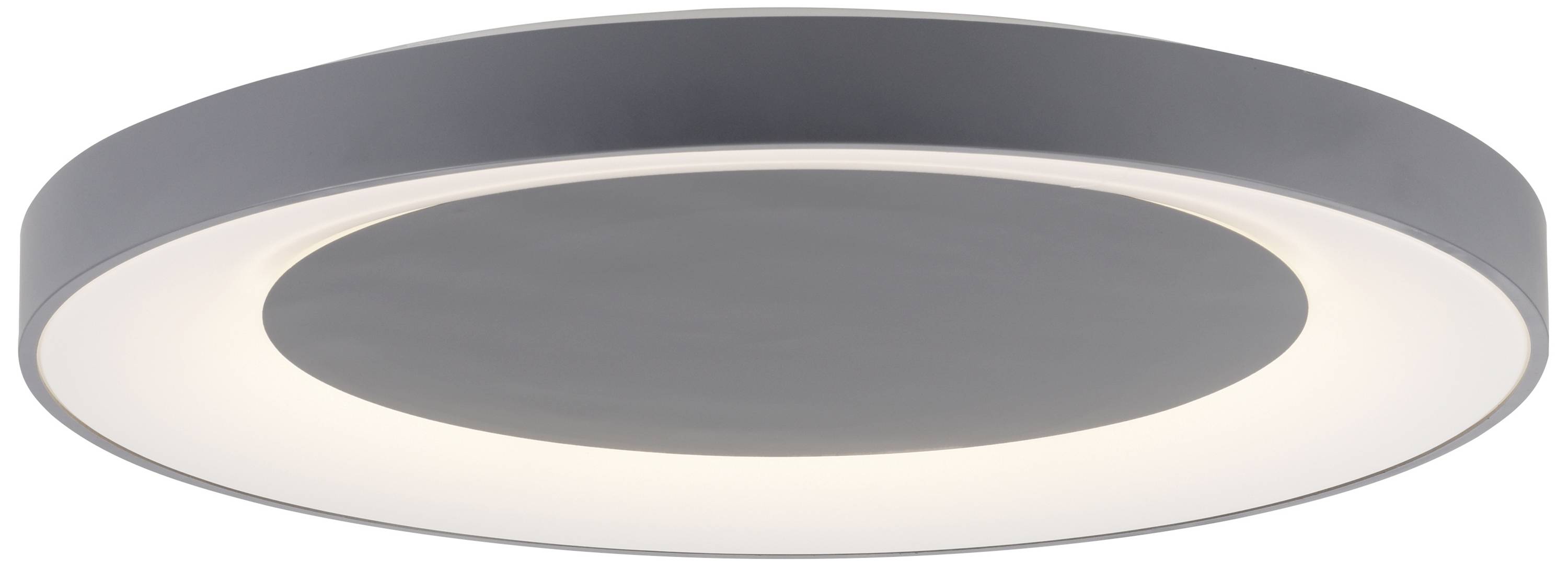 Runde, flache Deckenleuchte mit grauem Rand und leuchtendem innerem Kreis. Modernes Design, geeignet für Wohnräume.