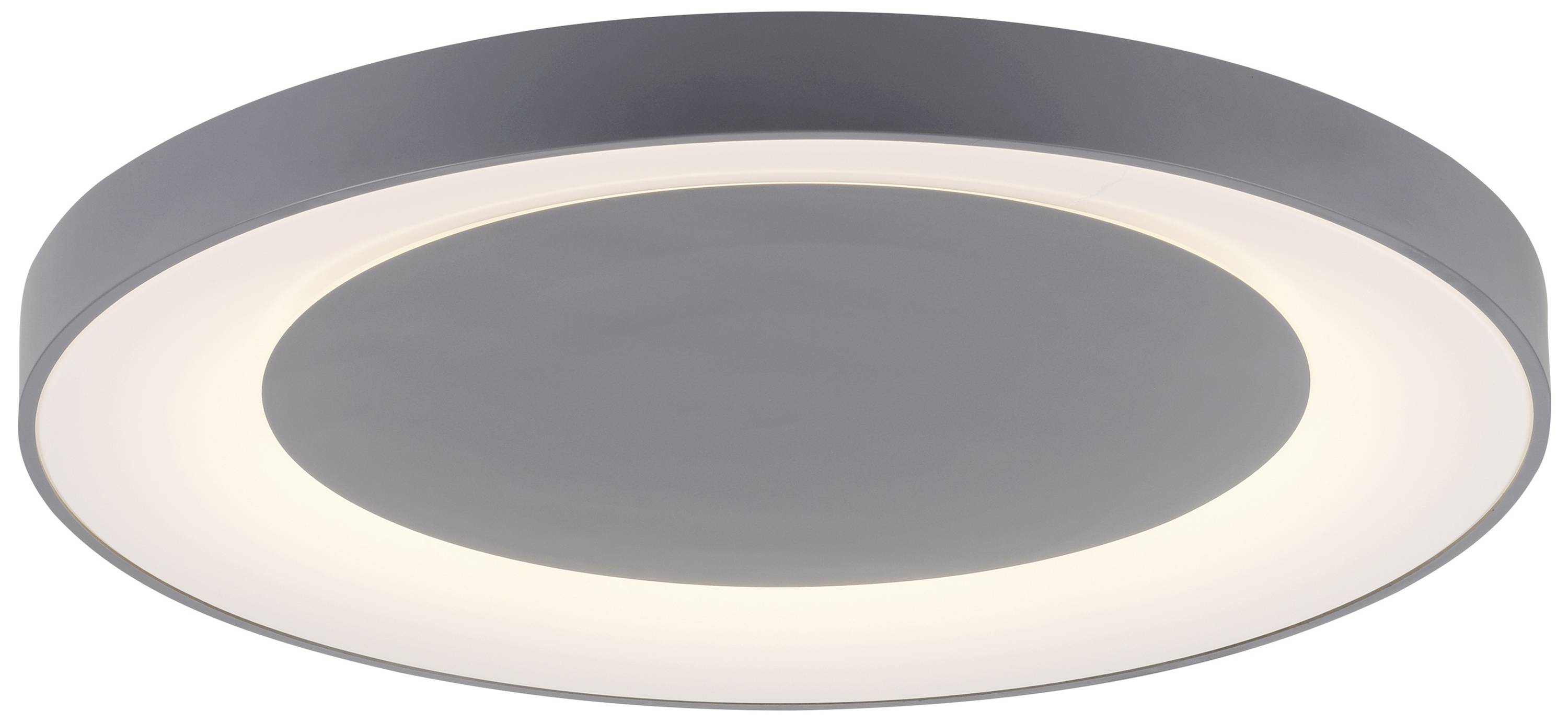 Eine runde, moderne Deckenleuchte mit schlichtem Design. Sie hat eine breite äußere Lichtfläche und eine kleine mittige Abdeckung.