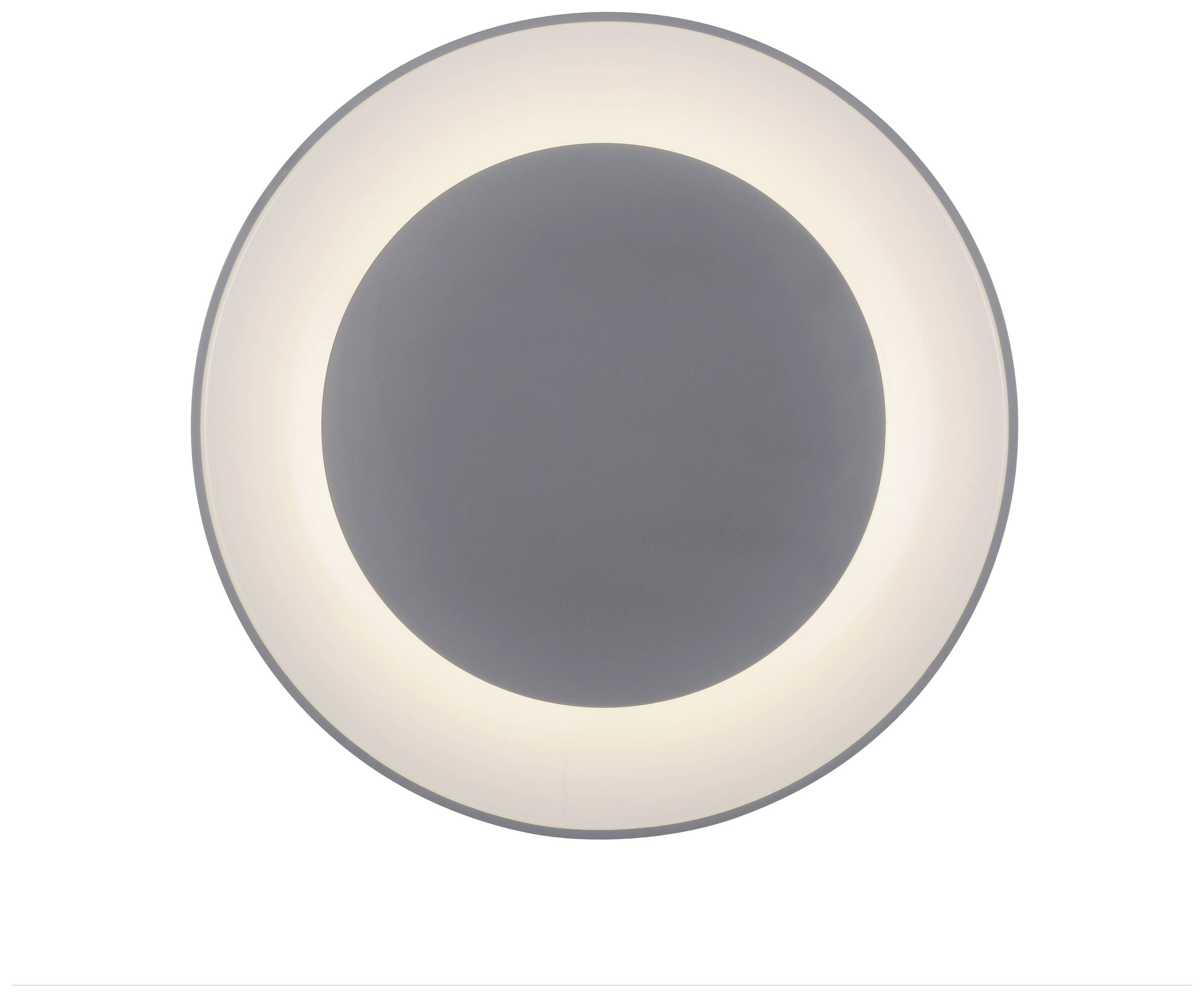 Deckenleuchte in runder Form mit einem äußeren Ring aus weißem Licht und einem dunkleren inneren Kreis. Minimalistisches Design.