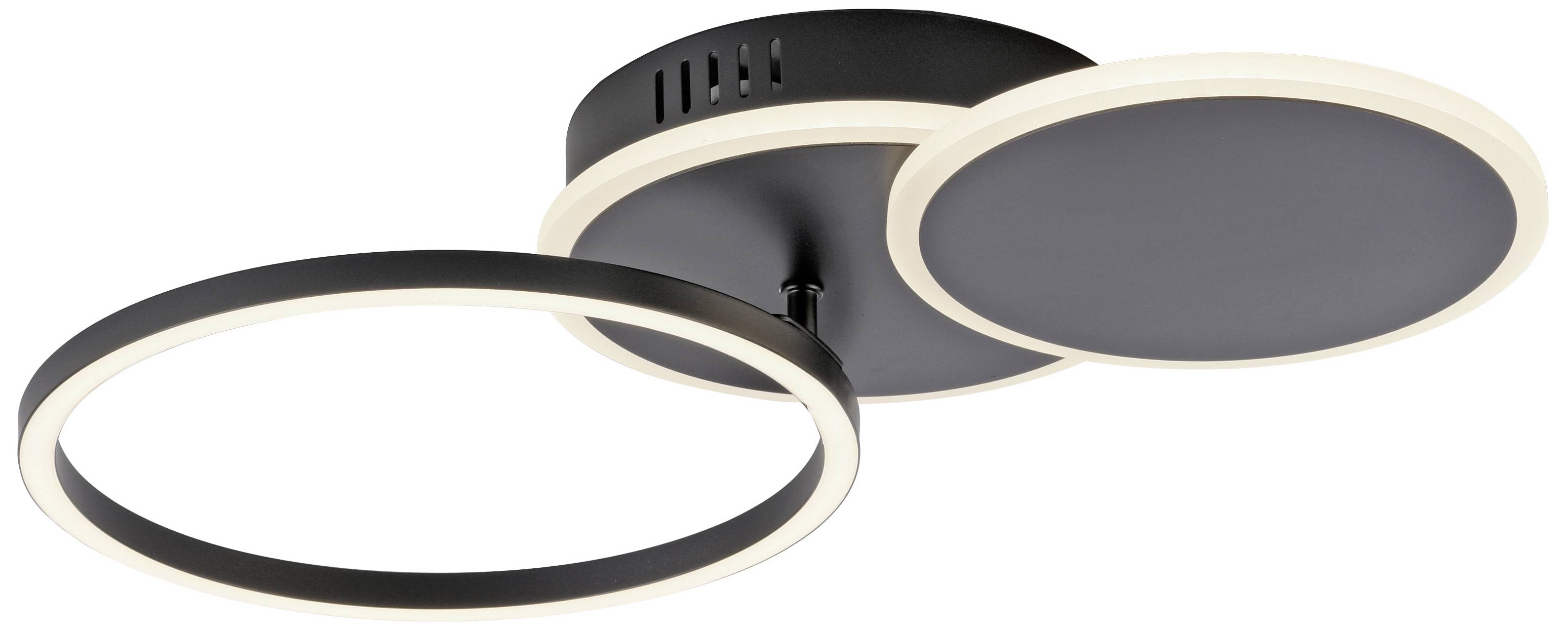 Schwarze LED-Deckenleuchte mit zwei runden Leuchtringen, modern und minimalistisch, gleichmäßige Lichtverteilung.