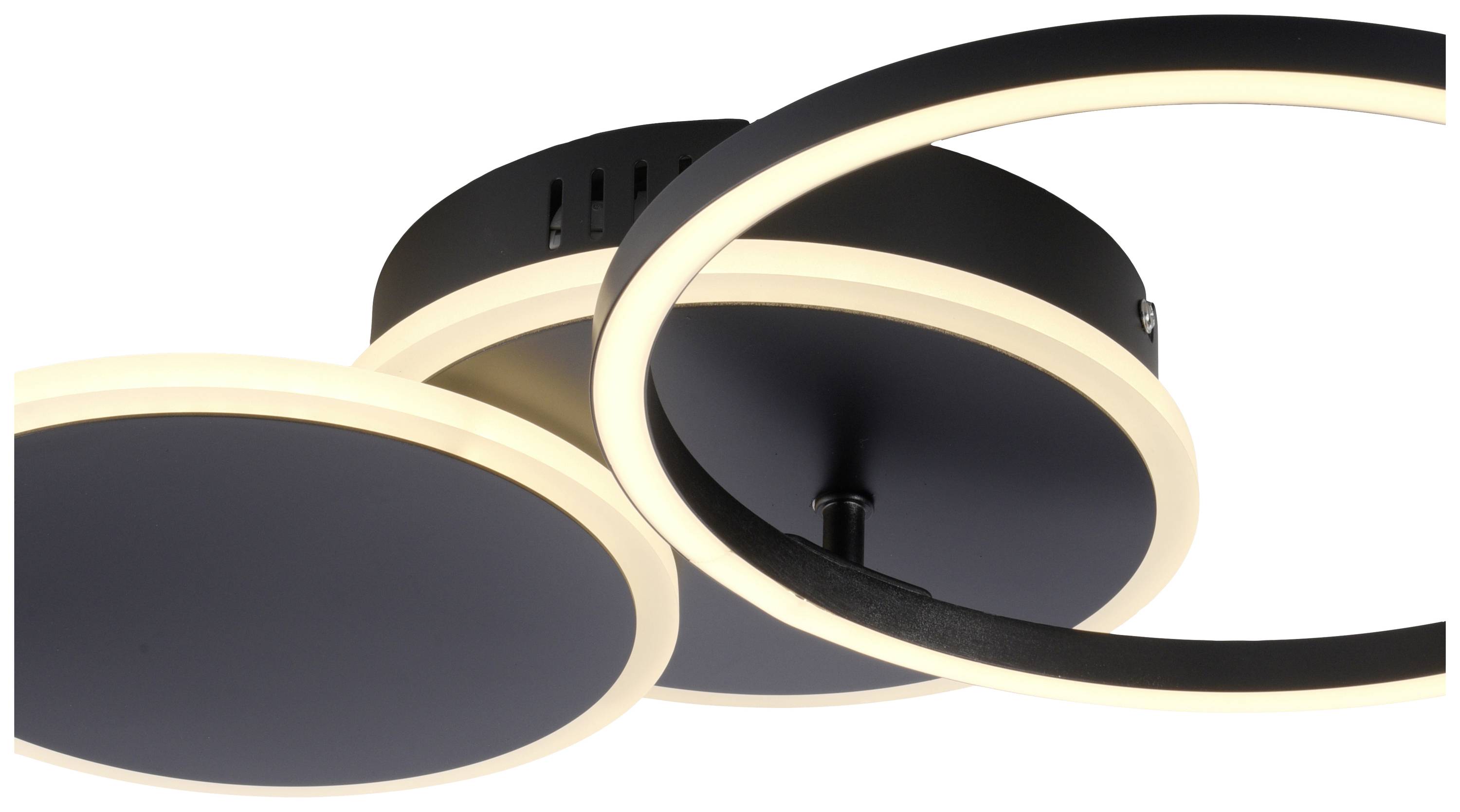 Modernes, kreisförmiges Deckenlicht mit zwei beleuchteten Ringen in Schwarz und Weiß. Ideal für zeitgenössische Raumgestaltung.