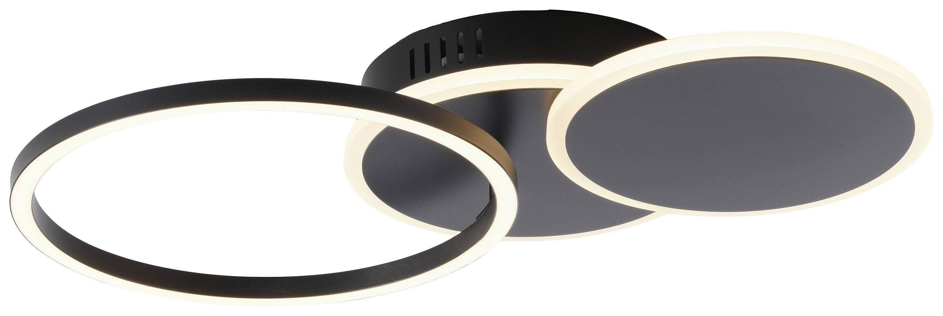 Moderne, dreiteilige LED-Deckenleuchte mit zwei schwarzen Ringen und einer runden Fläche, die warmes Licht ausstrahlen.