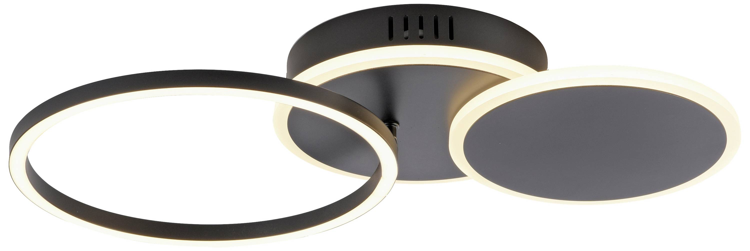 Moderne Deckenleuchte mit zwei runden, leuchtenden Elementen: ein offener Ring und ein gefüllter Kreis. Schwarz-weiße Farbgestaltung.