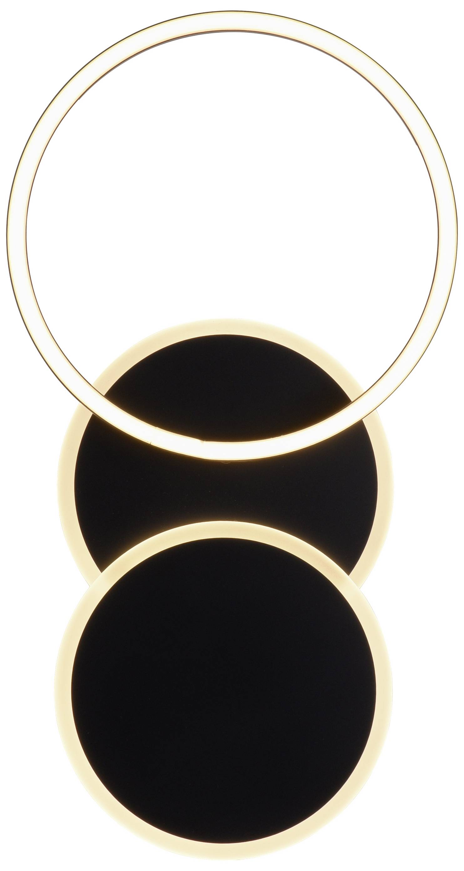 Zwei schwarze, leuchtende Scheiben unter einem leuchtenden Kreis, in minimalistischem Design.