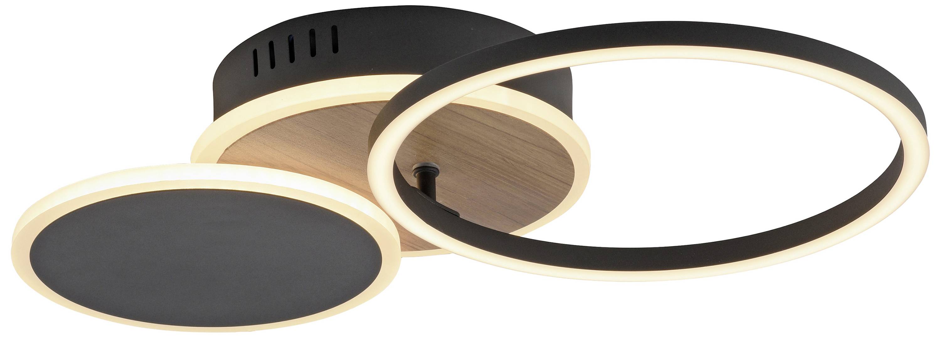 Zwei runde, schwarze Deckenleuchten mit Holzdetails, eine ist flach und die andere ringförmig. Sie strahlen warmes, diffuses Licht aus.