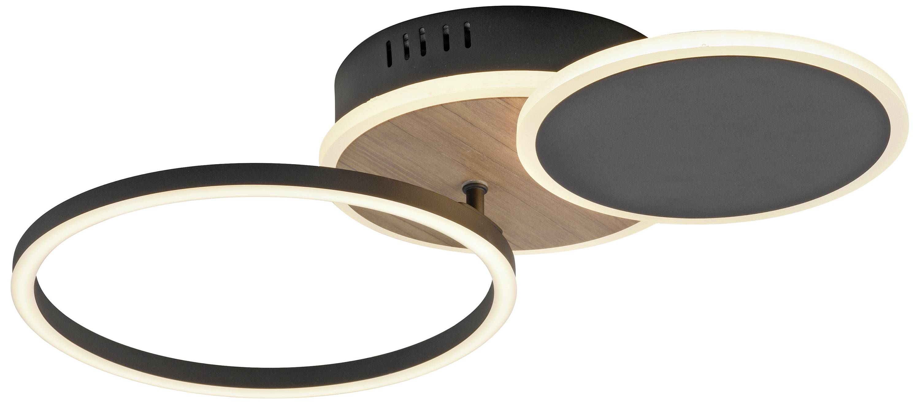 Deckenleuchte mit zwei runden, flachen Elementen, eines größer und offener, das andere kleiner und geschlossen. Holz- und Metallelemente.