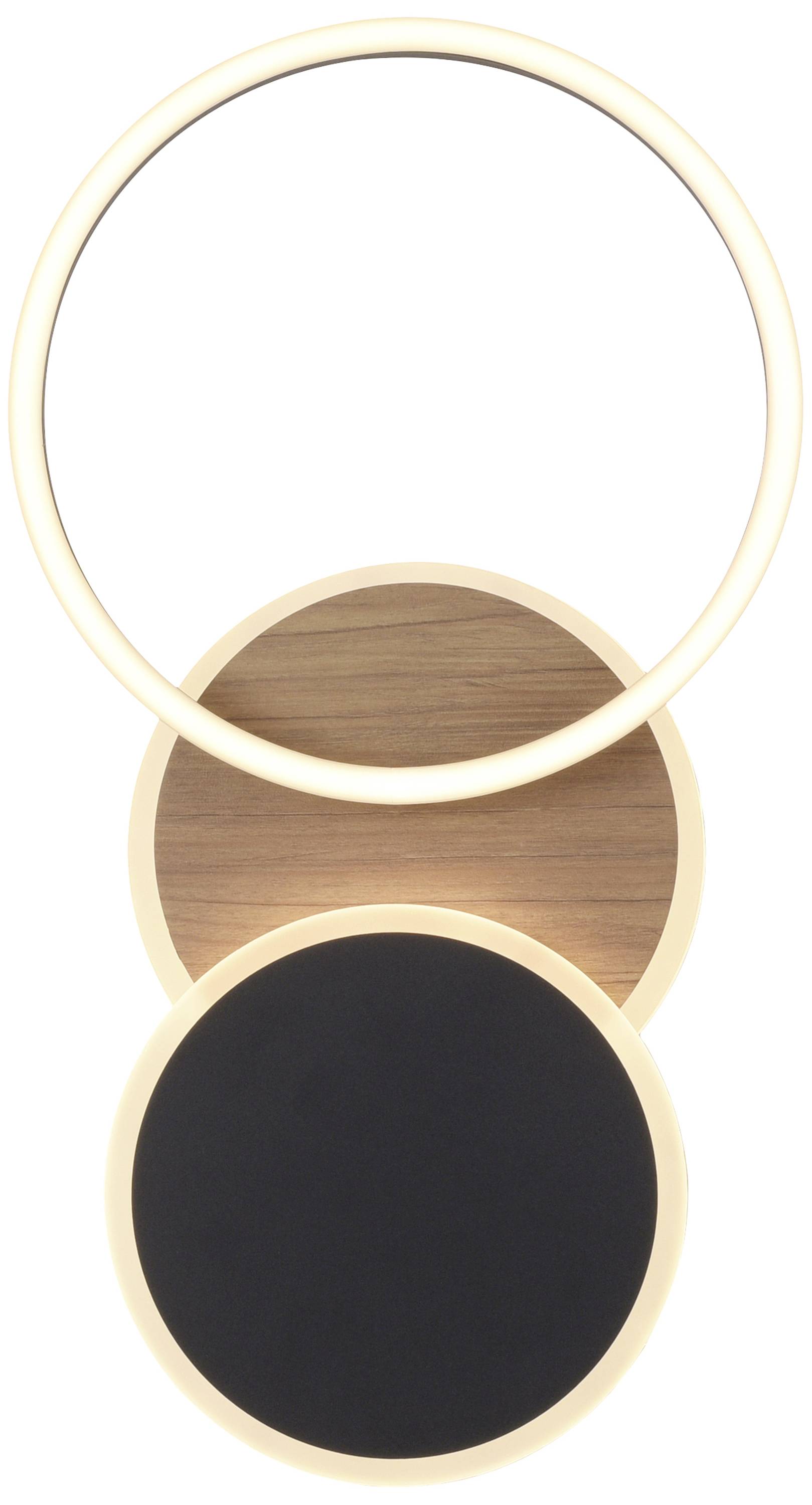 Kreisförmige moderne Wandleuchte mit Holz- und schwarzen Elementen, bestehend aus zwei übereinander liegenden Scheiben und einem leuchtenden Ring.