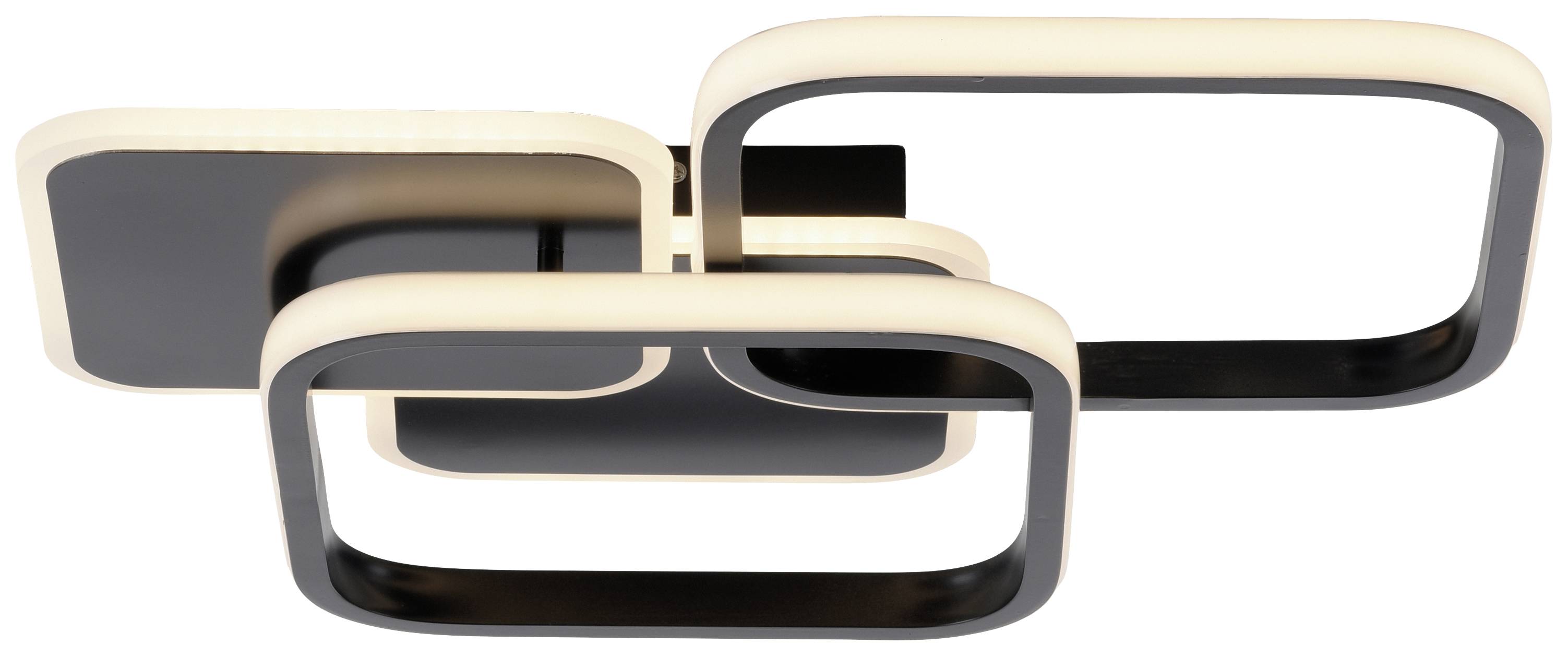 Moderne LED-Deckenleuchte mit rechteckigen, überlappenden Rahmen und schwarzer Oberfläche.