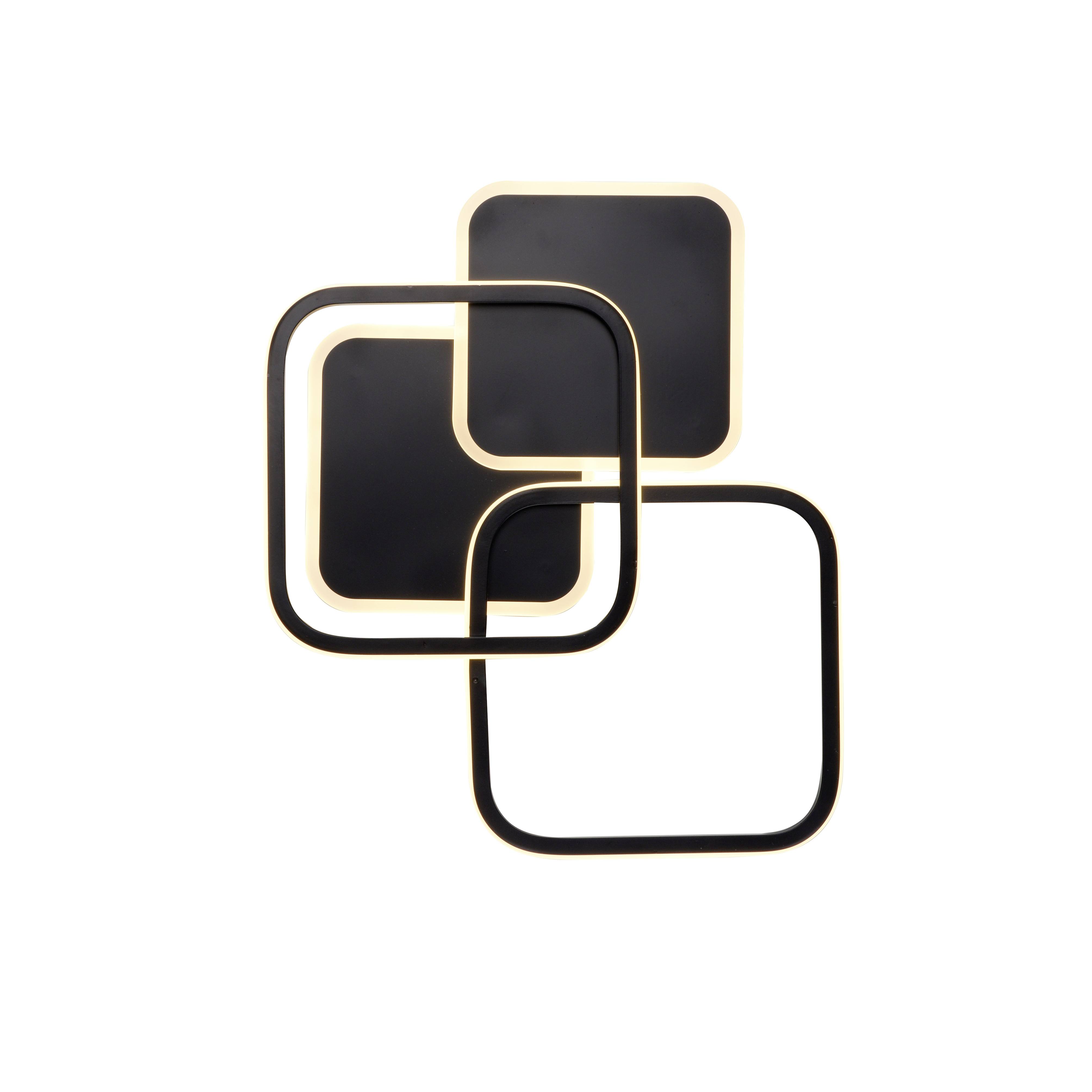 Schwarze, quadratische Wanddekoration mit drei überlappenden Quadraten, eingerahmt von weichen, abgerundeten Kanten.