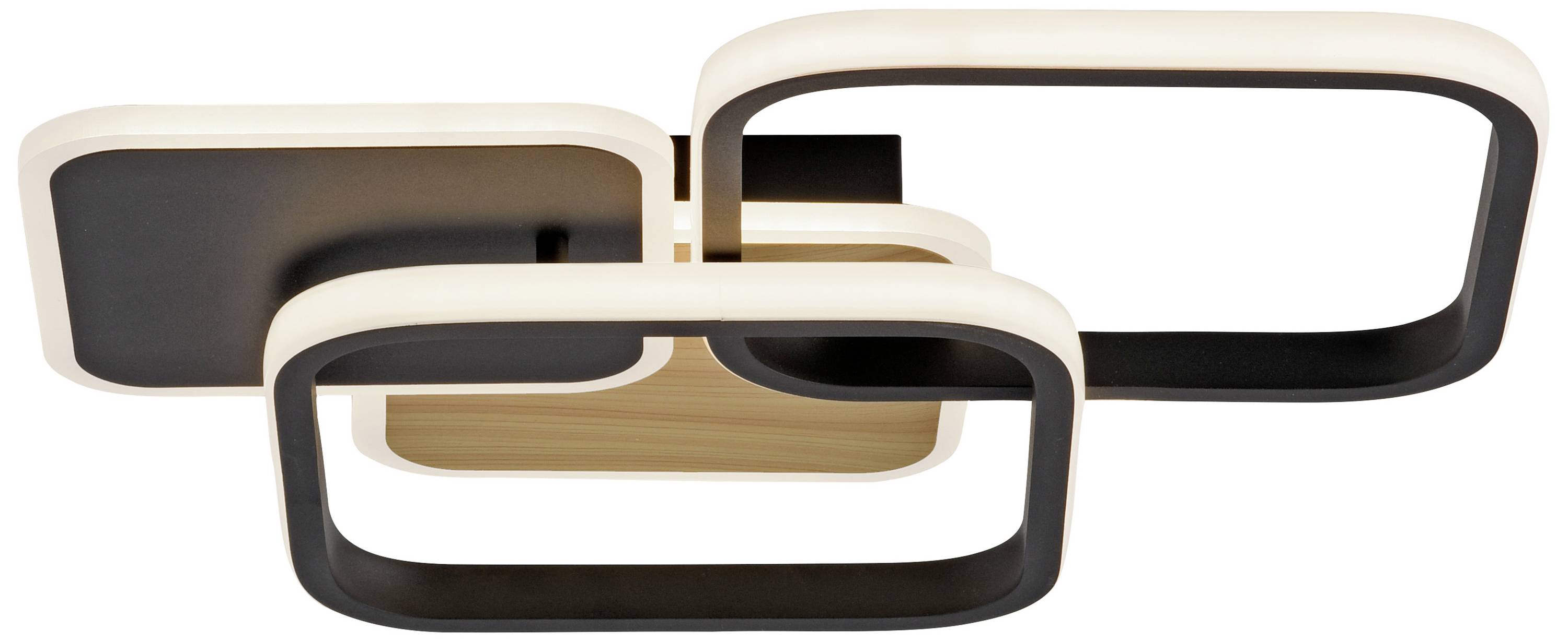 Moderne Deckenleuchte mit drei ineinander verschlungenen, rechteckigen Lichtleisten in Schwarz und Weiß.