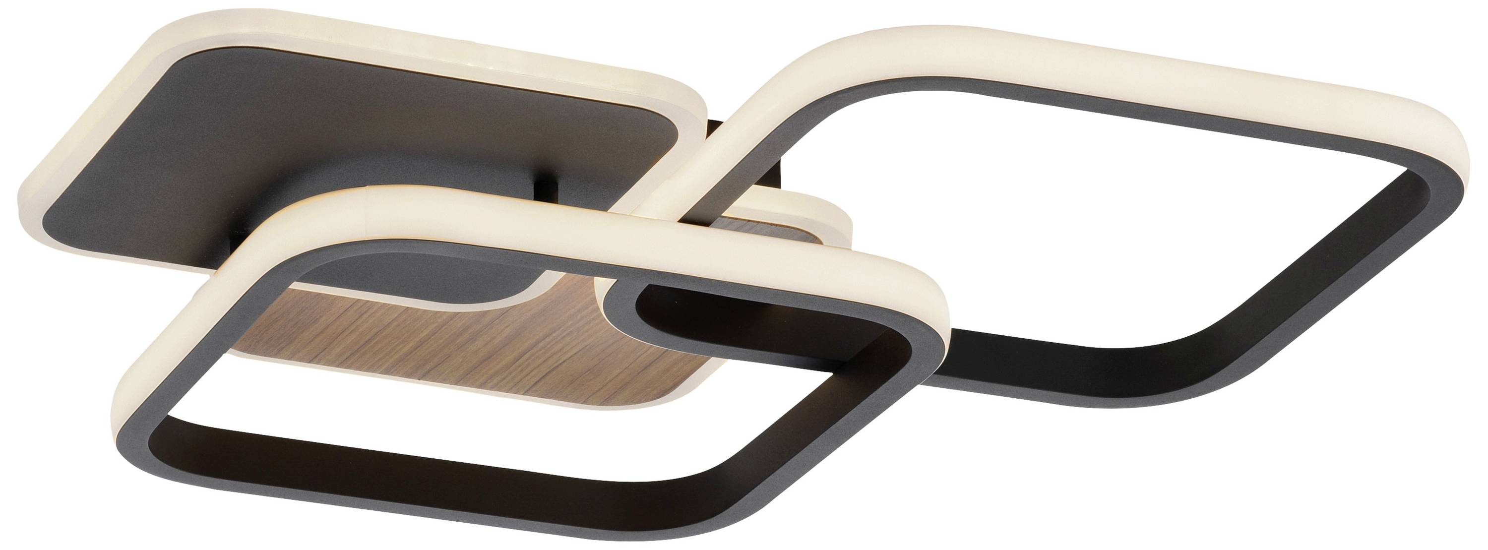 Deckenleuchte mit modernem Design, zwei sich überschneidende quadratische Rahmen mit LED-Beleuchtung, schwarzes und holzfarbenes Finish.