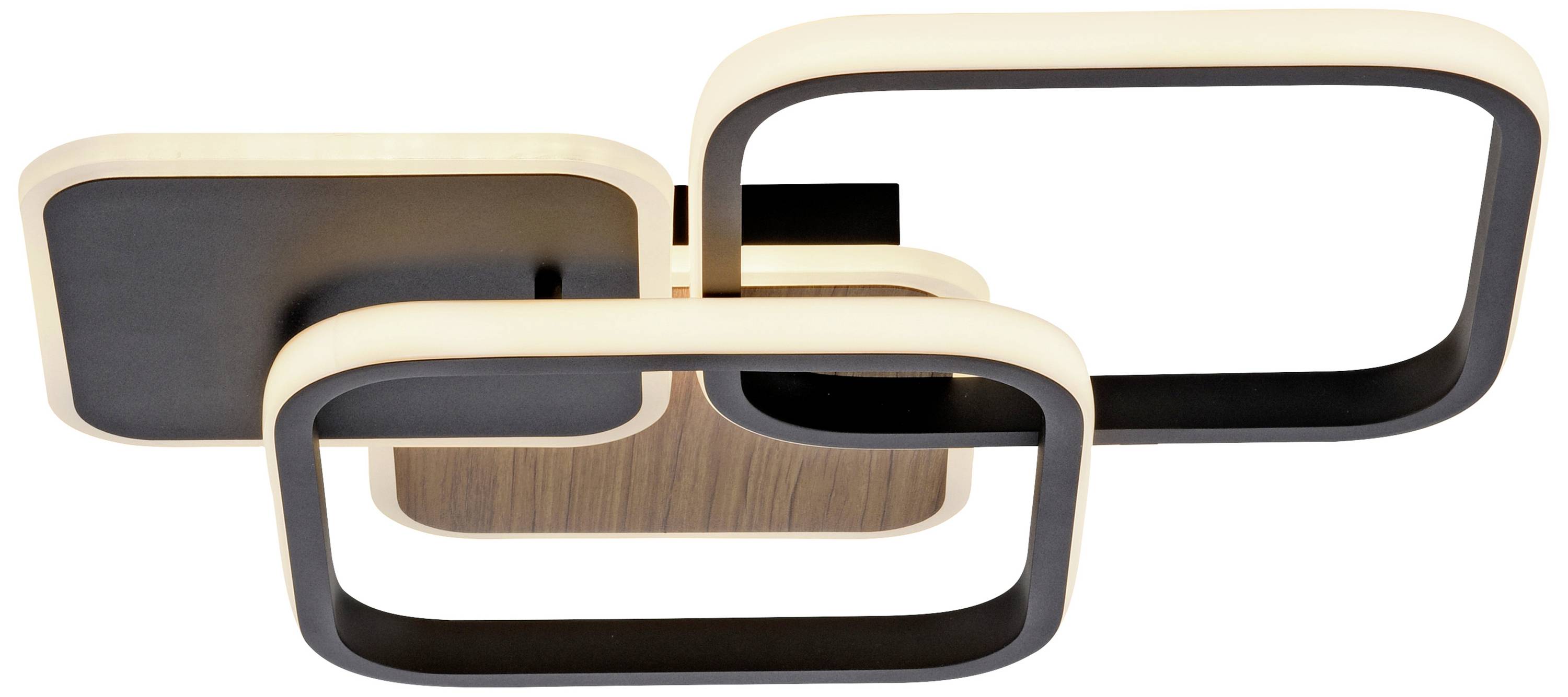 Moderne Deckenleuchte mit drei rechteckigen, ineinander verschachtelten Rahmen, die in Schwarz und Holzoptik gehalten sind.