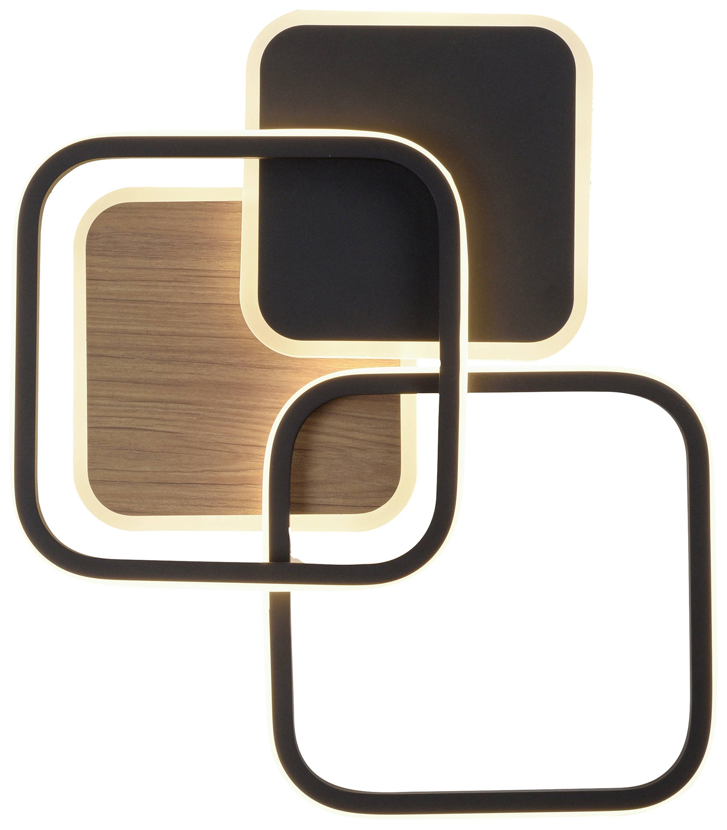 Drei ineinander verschlungene quadratische Ringe, einer mit Holztextur, leuchten in einem modernen Design.
