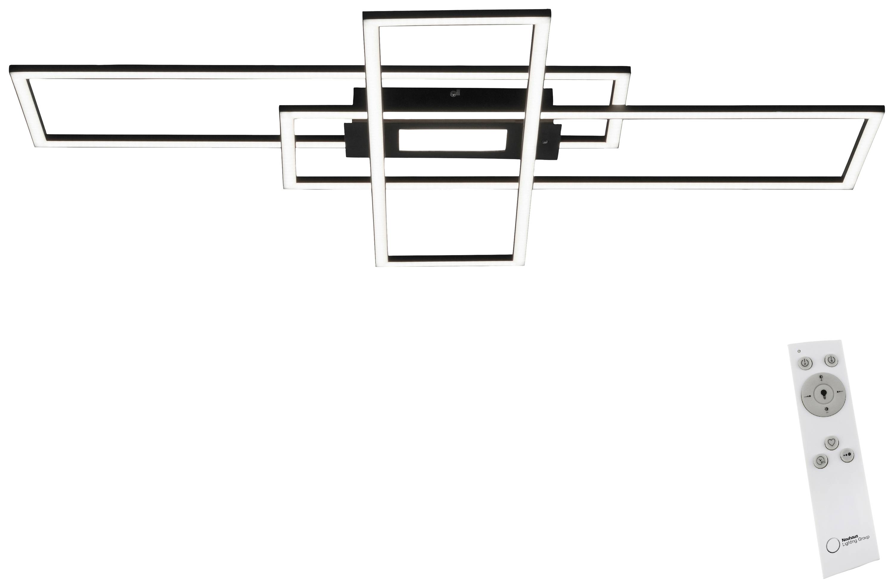 Moderne, rechteckige LED-Deckenleuchte mit Fernbedienung, schwarz-weißes Design, geometrische Formen, geeignet für Wohnzimmer.