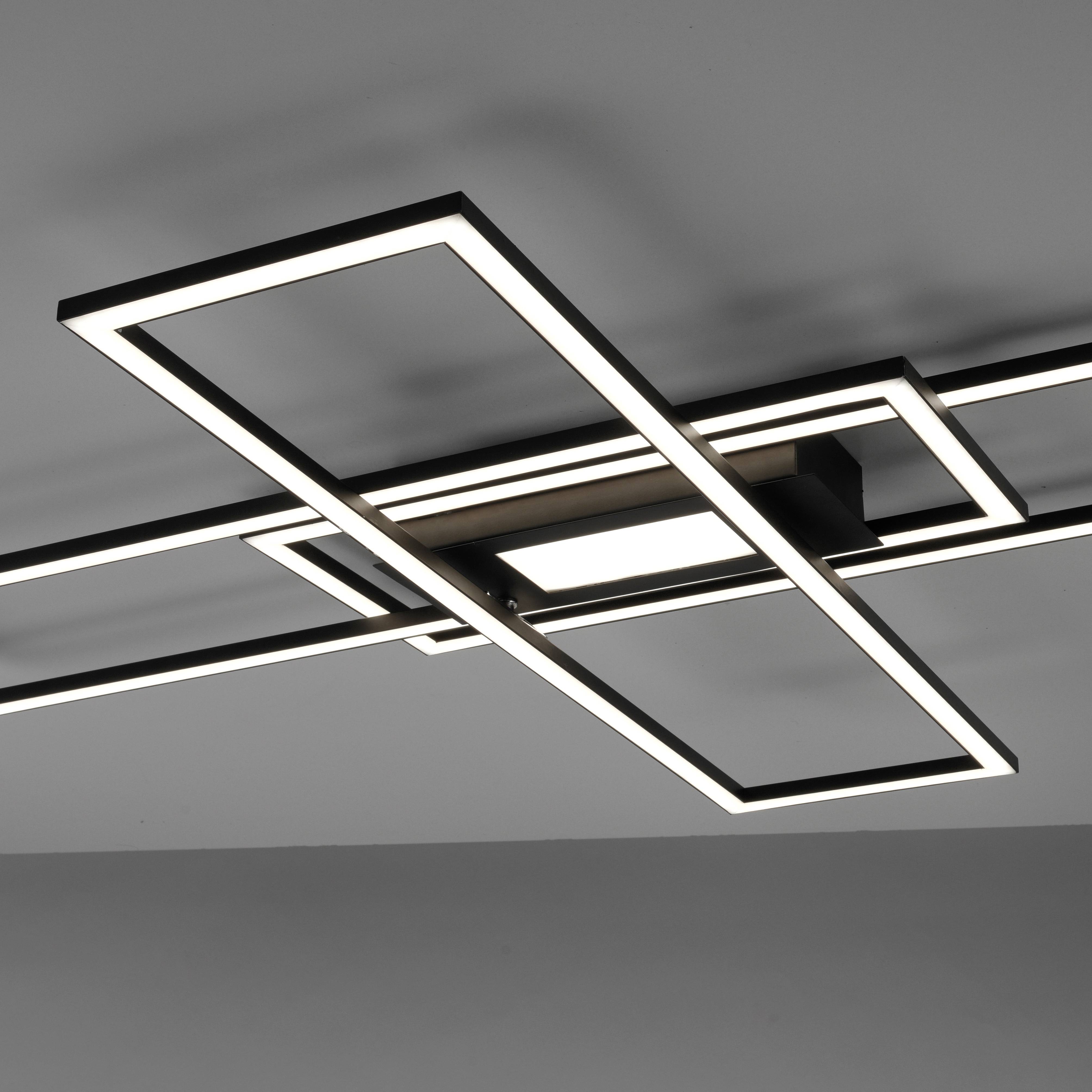 Quadratische Deckenleuchte mit modernem Design, bestehend aus überlappenden rechteckigen Rahmen mit eingebauten LED-Lichtern.