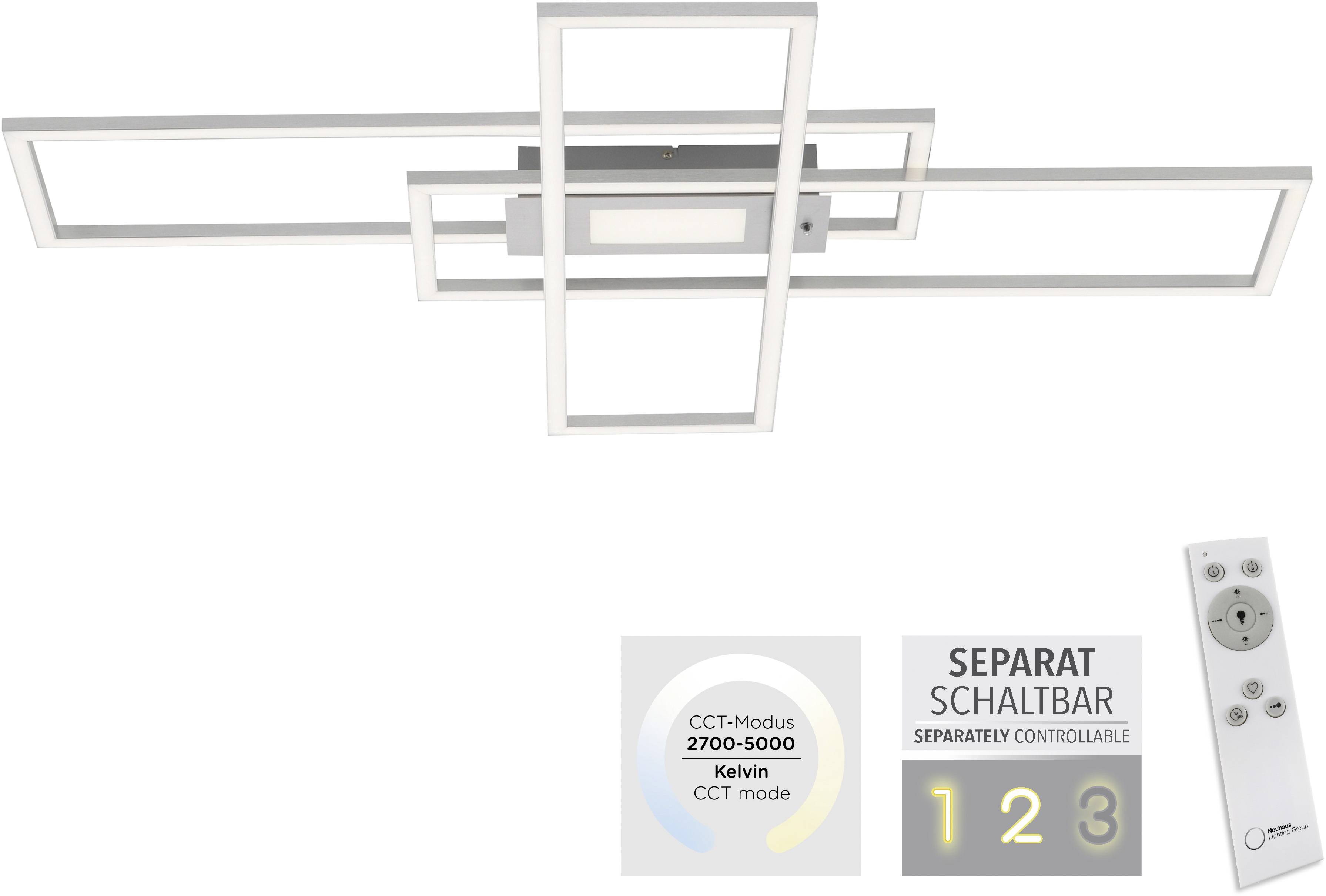 Moderne Deckenleuchte mit geometrischem Design. Steuerbar per Fernbedienung, CCT-Modus von 2700-5000 Kelvin, separat schaltbar.