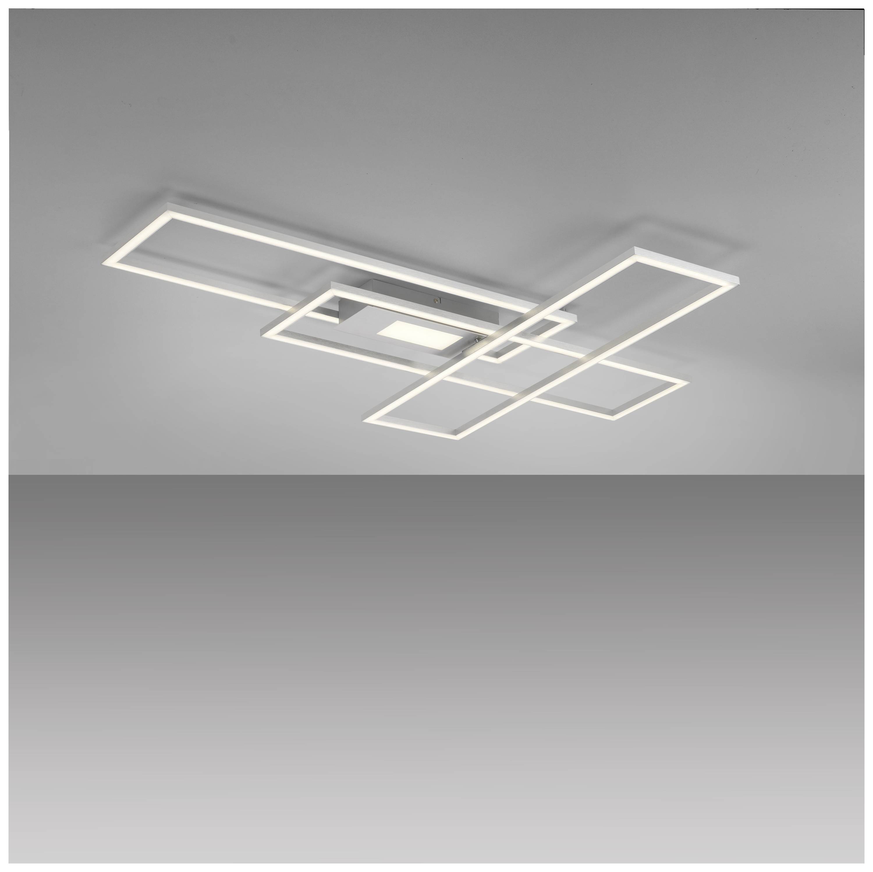 Moderne Deckenleuchte mit rechteckigem, geometrischem Design in Weiß. Die Lampe besteht aus mehreren überlappenden Rahmen.