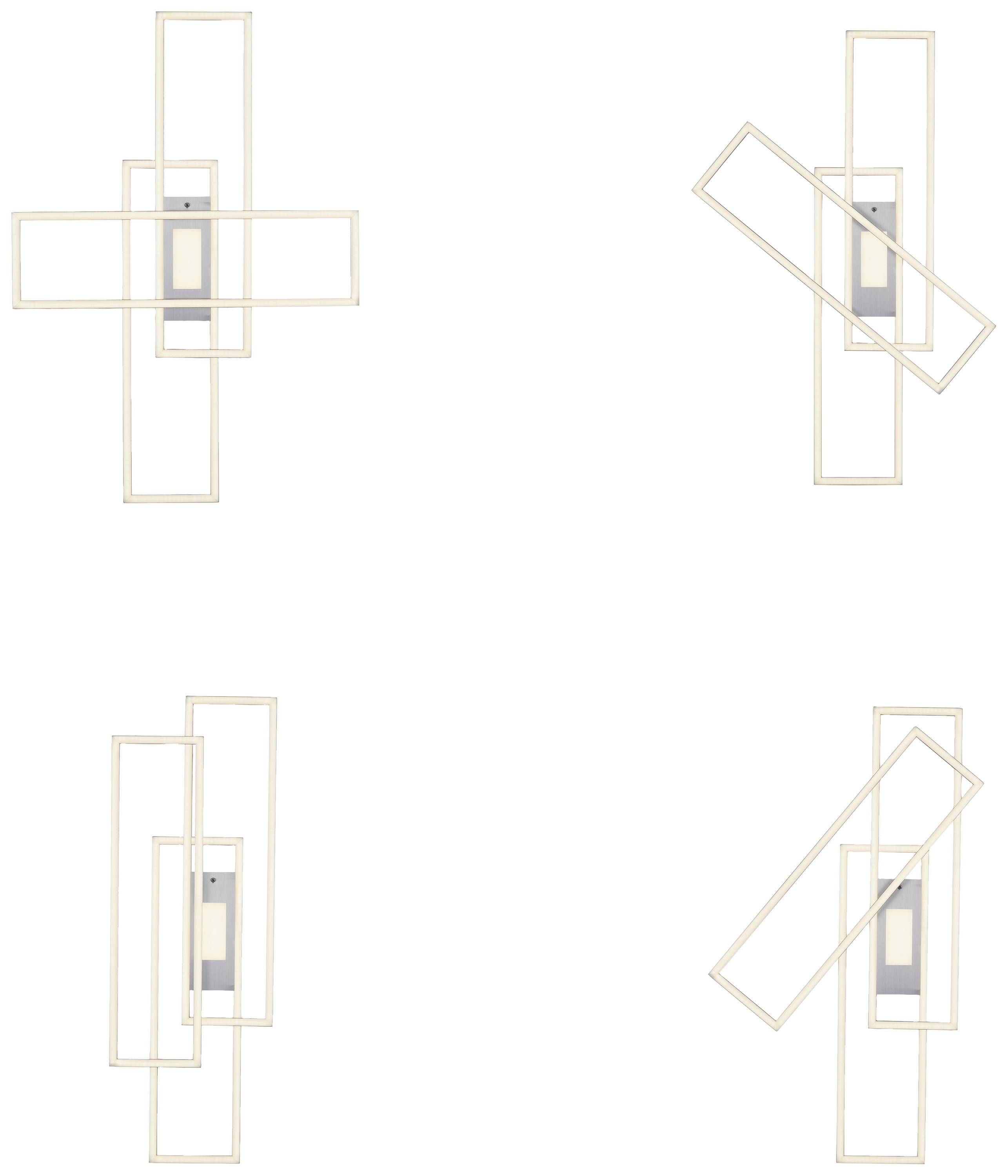 Vier moderne, geometrische Wandlampen, jede unterschiedlich ausgerichtet. Die Lampen bestehen aus überlappenden rechteckigen Rahmen.