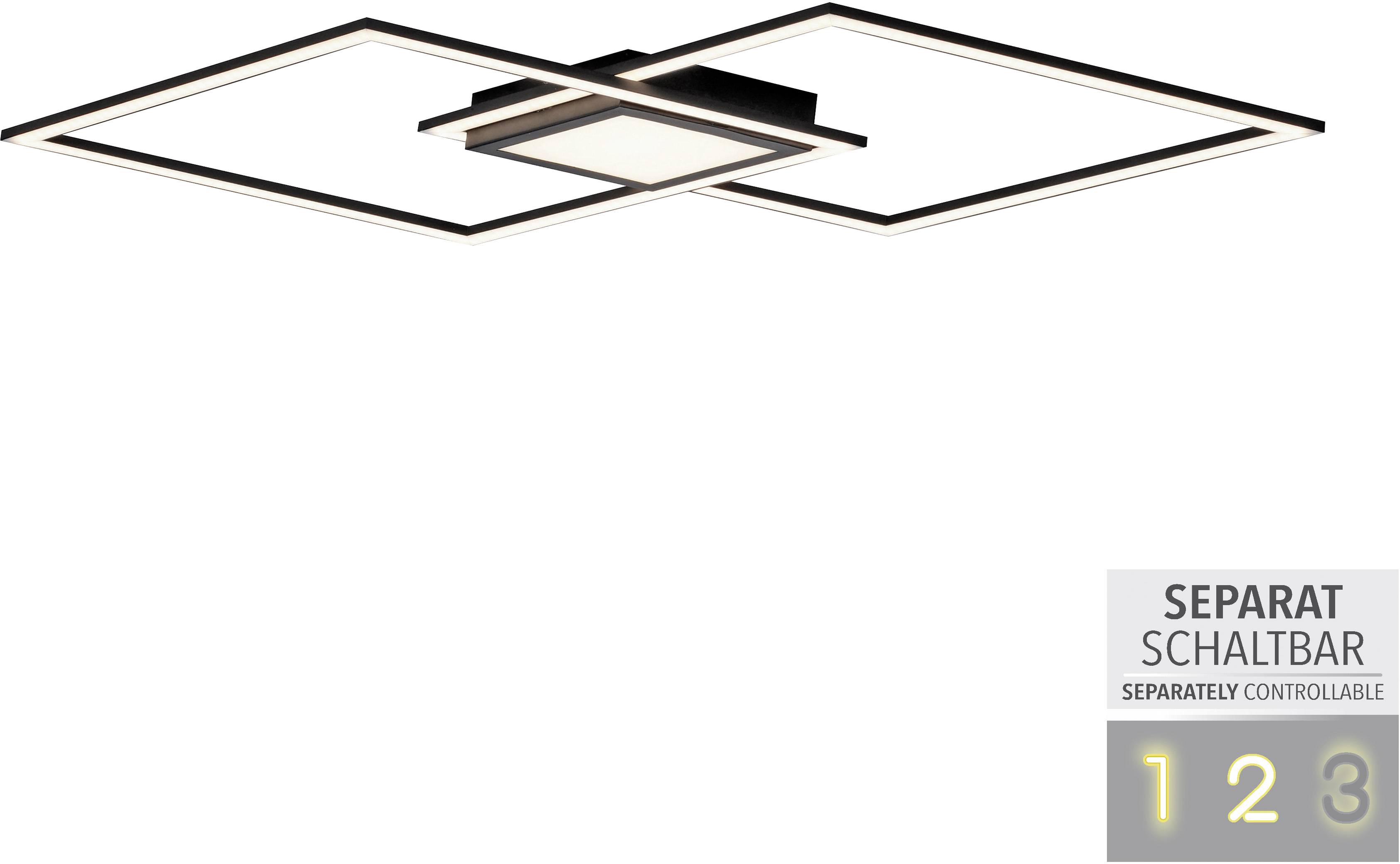 Deckenlampe mit modernem, geometrischem Design aus vier quadratischen Rahmen. Die Lichtstärke ist in drei Stufen separat schaltbar.