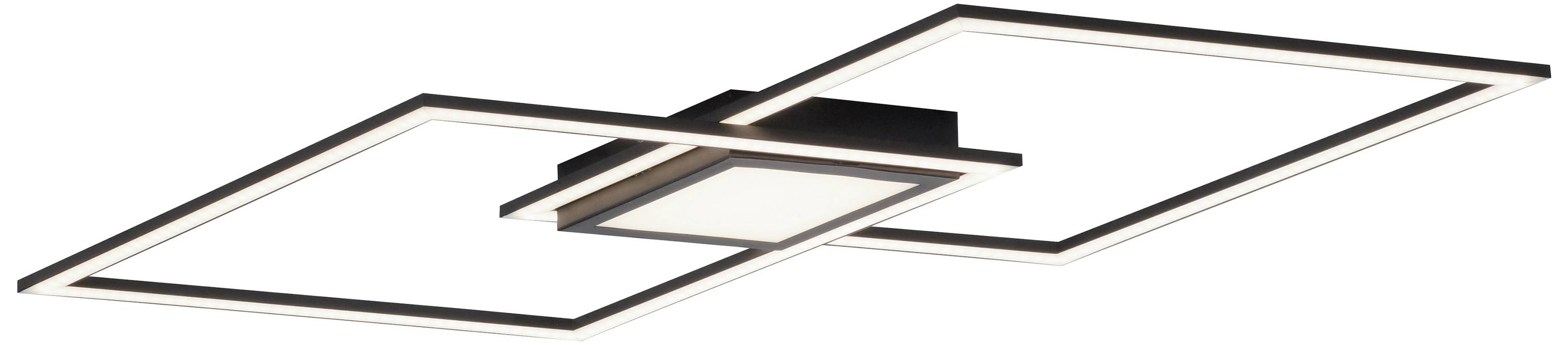 Deckenleuchte mit zwei überlappenden rechteckigen Rahmen, die von innen beleuchtet sind. Modernes Design, elegantes Erscheinungsbild.