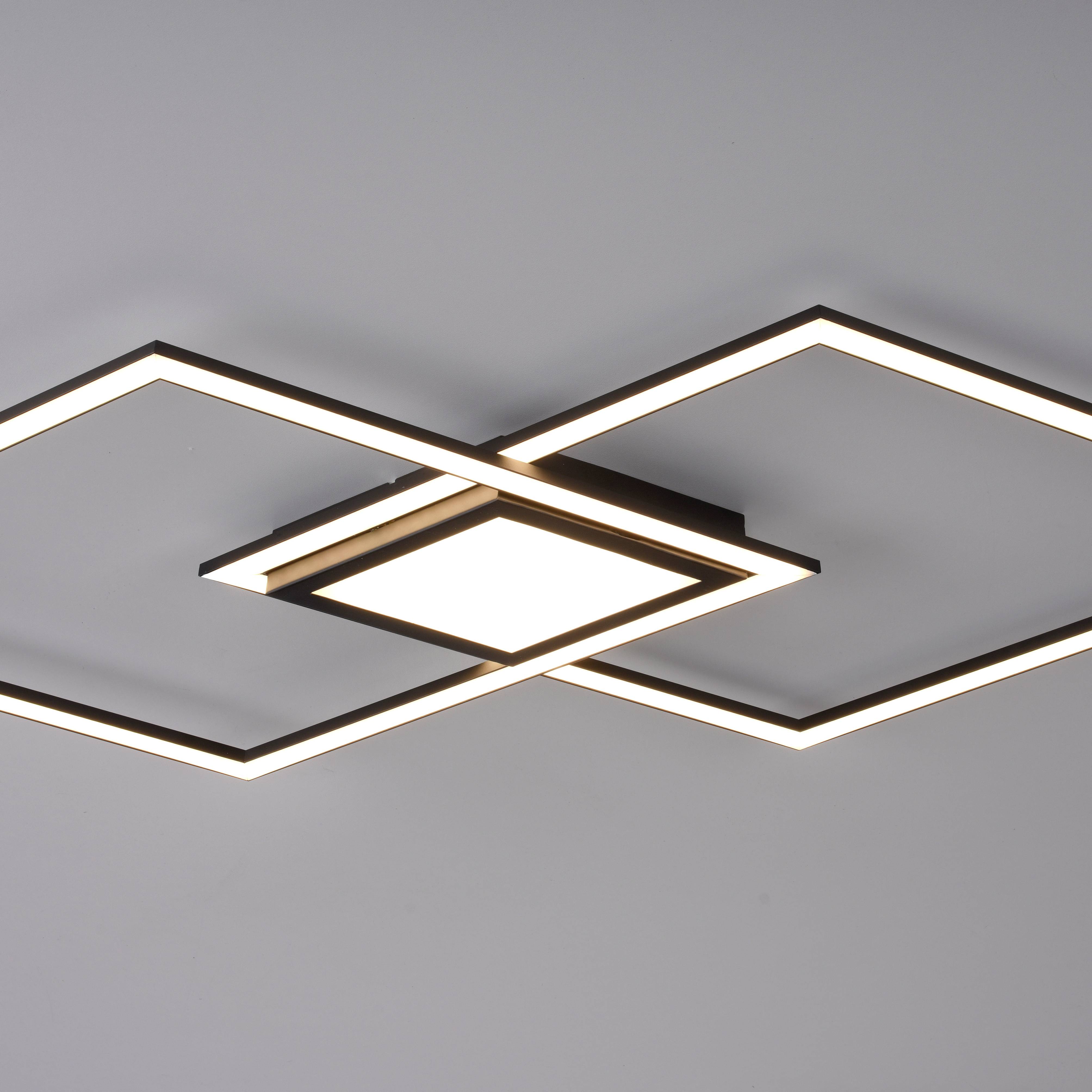 Eine moderne Deckenleuchte mit geometrischem Design, bestehend aus vier quadratischen, ineinander greifenden Rahmen mit LED-Beleuchtung.