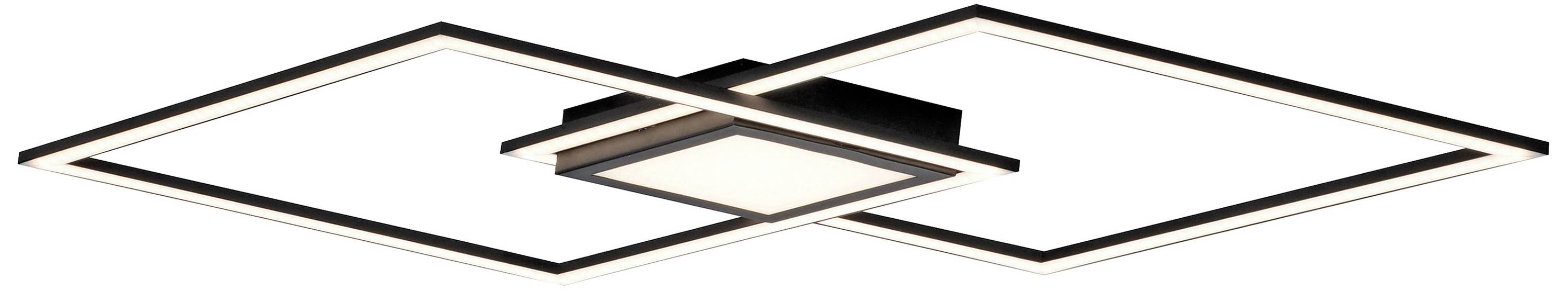 Zwei überlappende quadratische LED-Deckenleuchten mit weißem Rahmen und schwarzem Mittelstück, leuchten warmweiß.