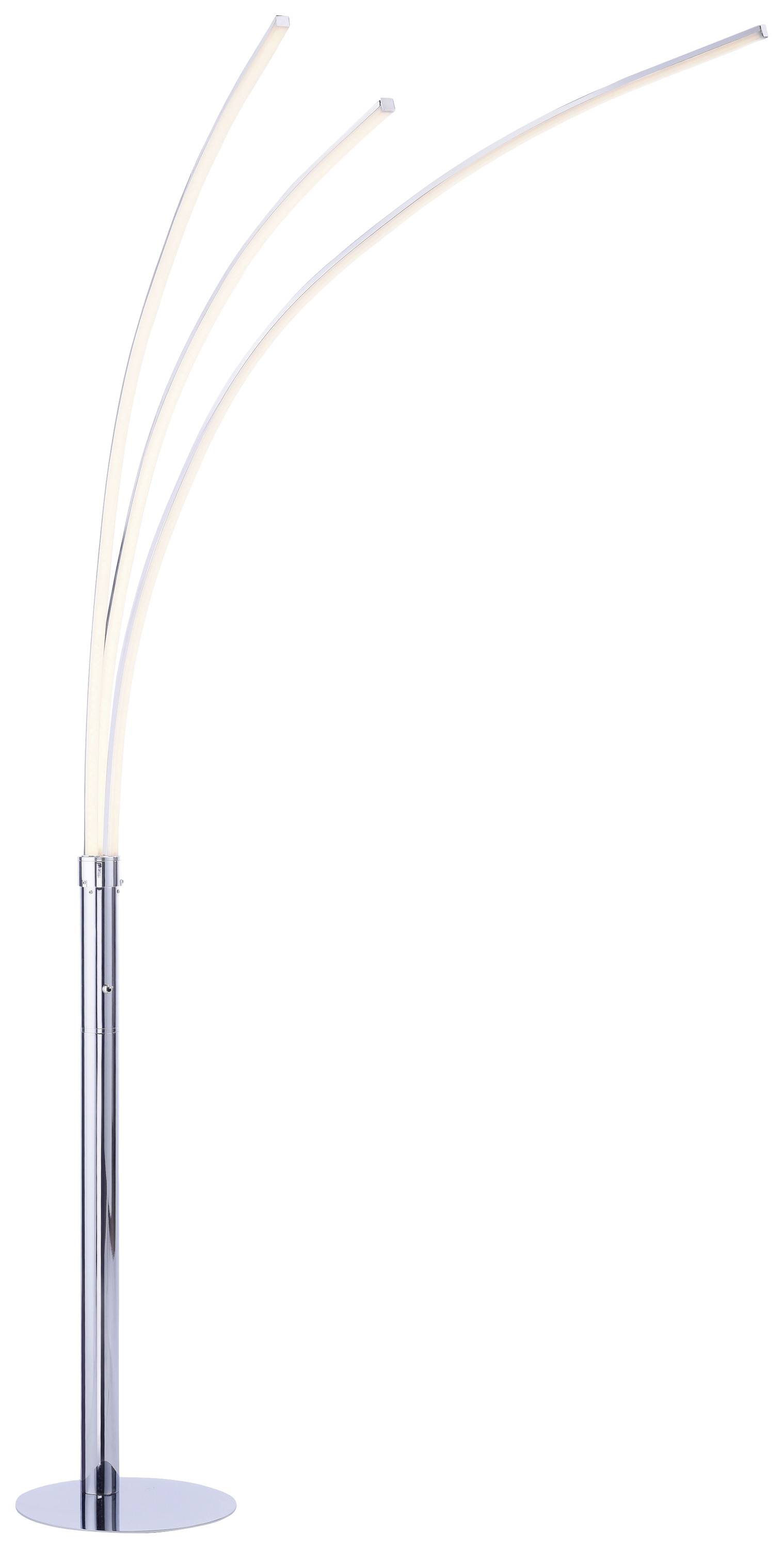 Stehleuchte mit modernem Design: Drei geschwungene, leuchtende Arme ragen von einem verchromten Standfuß in die Höhe.
