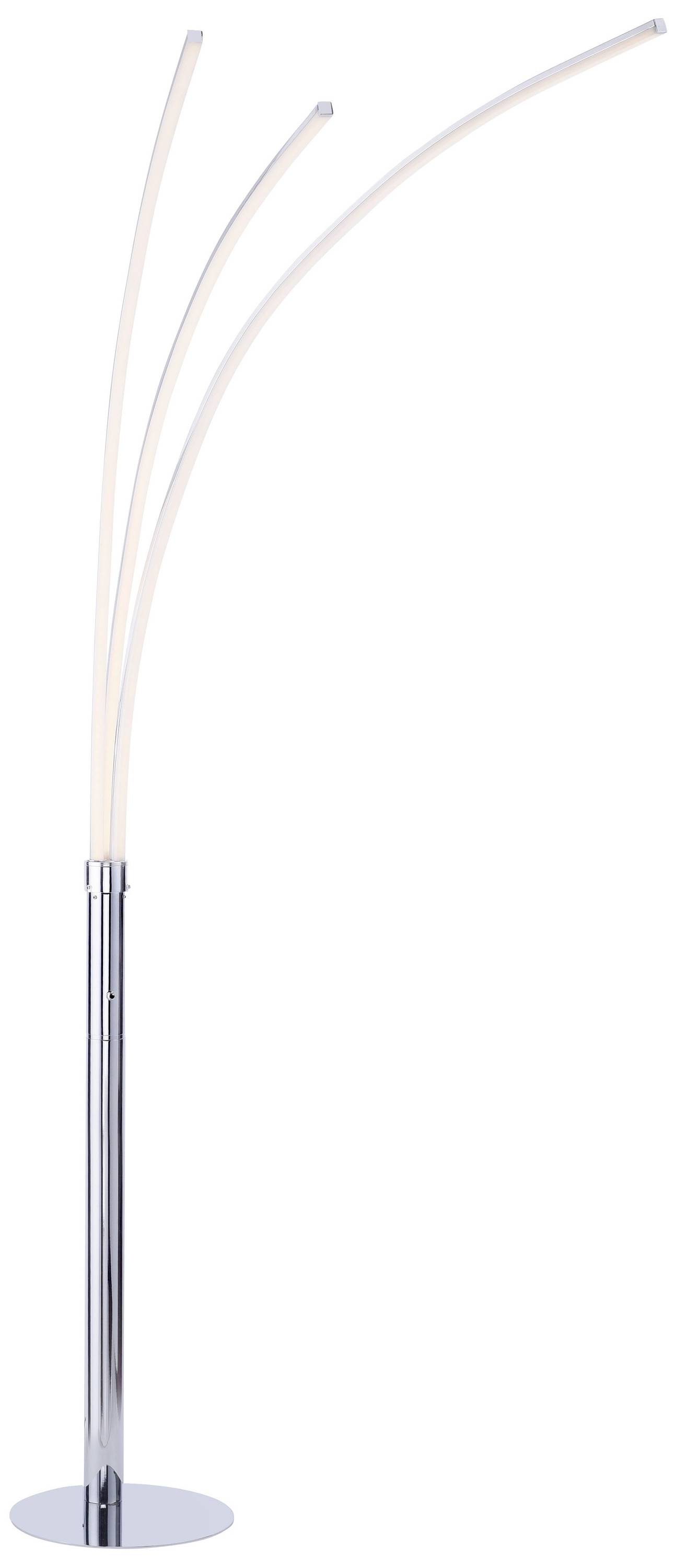 Silberne Stehlampe mit drei geschwungenen Leuchten, die nach oben zeigen. Modernes Design, geeignet für Wohnzimmer oder Büro.