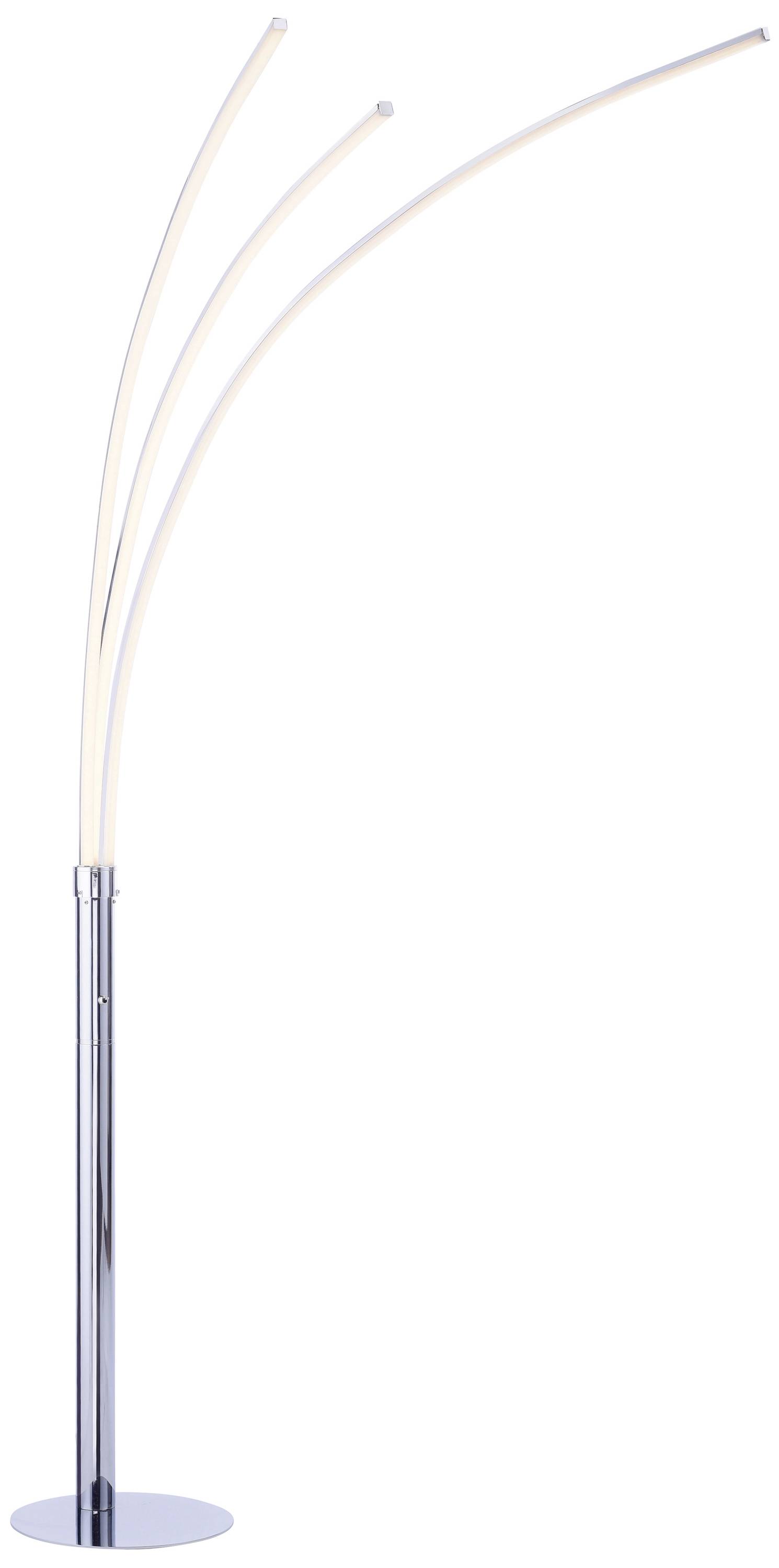 Stehlampe mit drei gebogenen, leuchtenden Stäben in modernem Design, silberner Sockel. Geeignet für zeitgenössische Wohnräume.