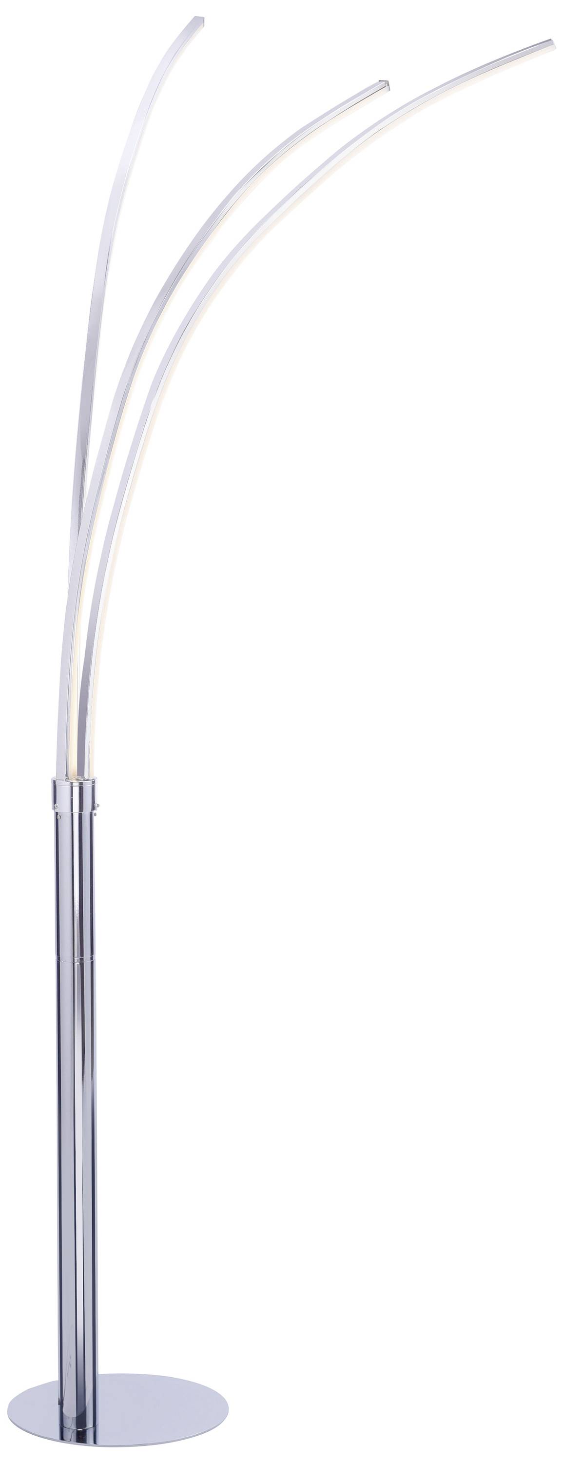 Dreiarmige, moderne Stehlampe in gebürstetem Metall, die ein weiches, diffuses Licht abstrahlt. Geeignet für zeitgenössische Innenräume.