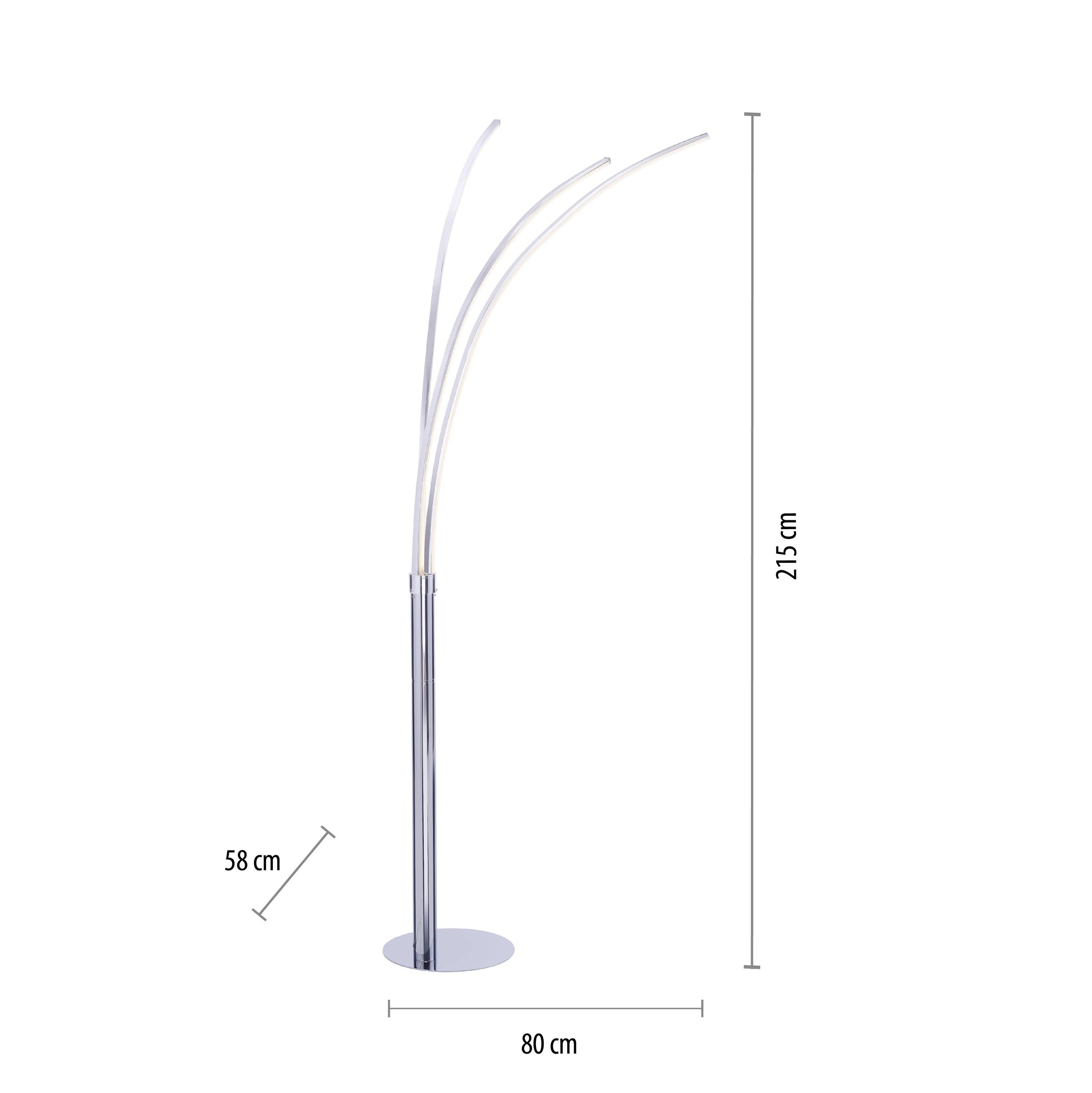 LED-Stehleuchte mit geschwungenen Ästen, Höhe 215 cm, Sockeldurchmesser 80 cm, Basishöhe 58 cm. Ideal für moderne Innenräume.