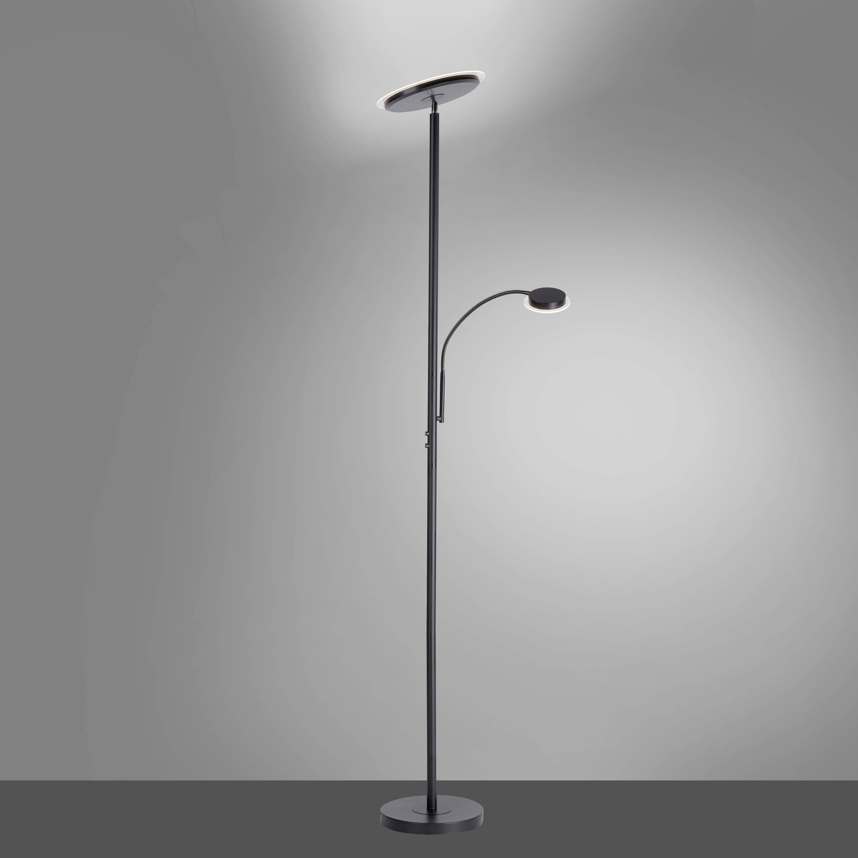 Stehlampe mit zwei Leuchten: eine nach oben gerichtete Hauptleuchte und eine flexible Leselampe. Stilvoll und modern gestaltet.