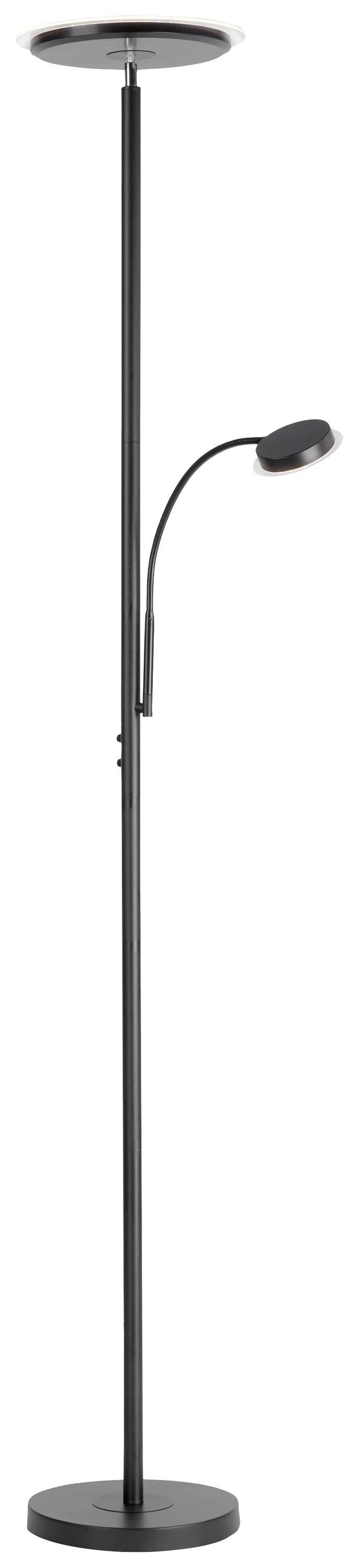 Stehlampe mit zwei Leuchten: eine große oben und eine kleinere, flexible Leselampe in der Mitte. Beides in schwarzem Metall gehalten.