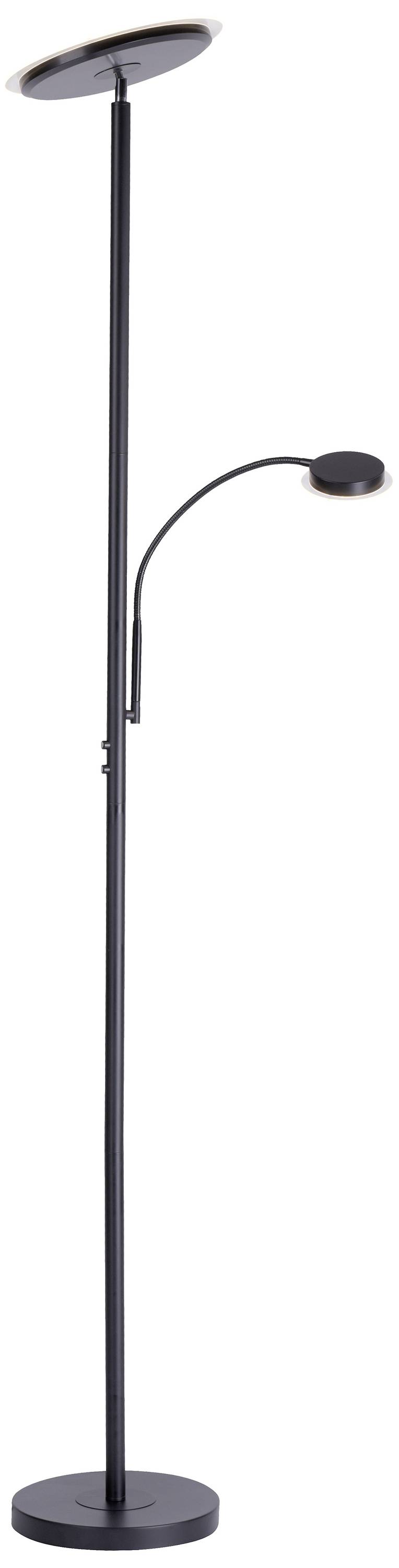 Stehlampe mit schlankem, schwarzem Design. Verfügt über zwei Leuchten: eine nach oben gerichtete und eine zusätzliche Leseleuchte.