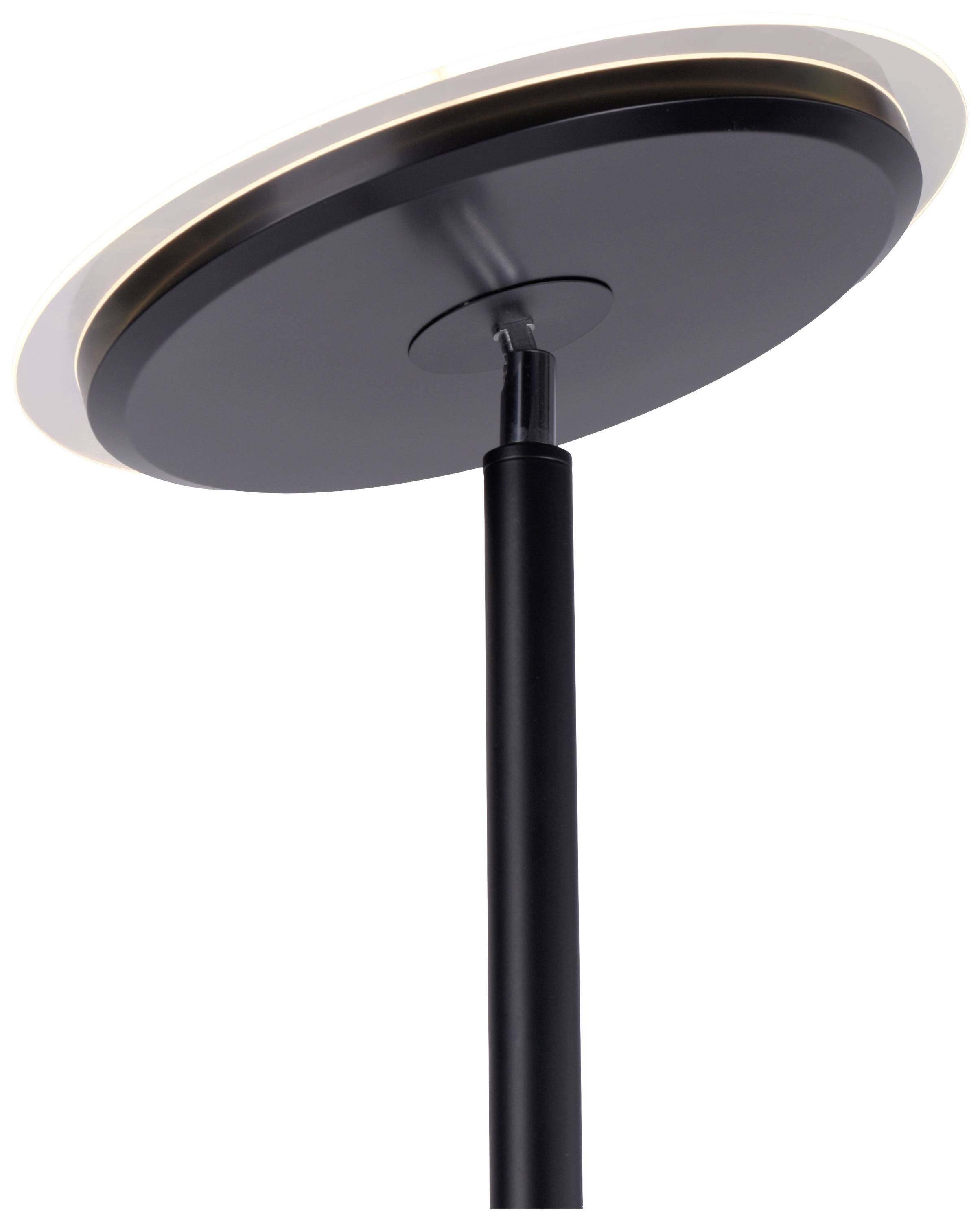 Eine moderne, schwarze Stehlampe mit rundem, flachem Lampenschirm und schlankem Ständer.