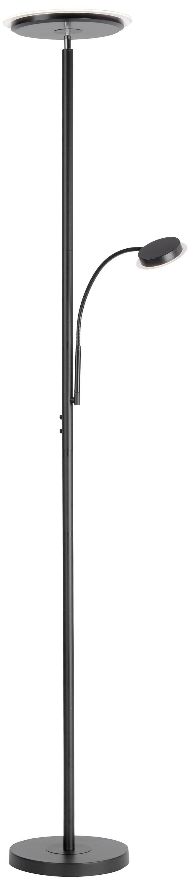 Schwarze Stehlampe mit zwei Leuchten: eine oben und eine flexible Leselampe in der Mitte. Ideal für Wohnzimmerbeleuchtung.