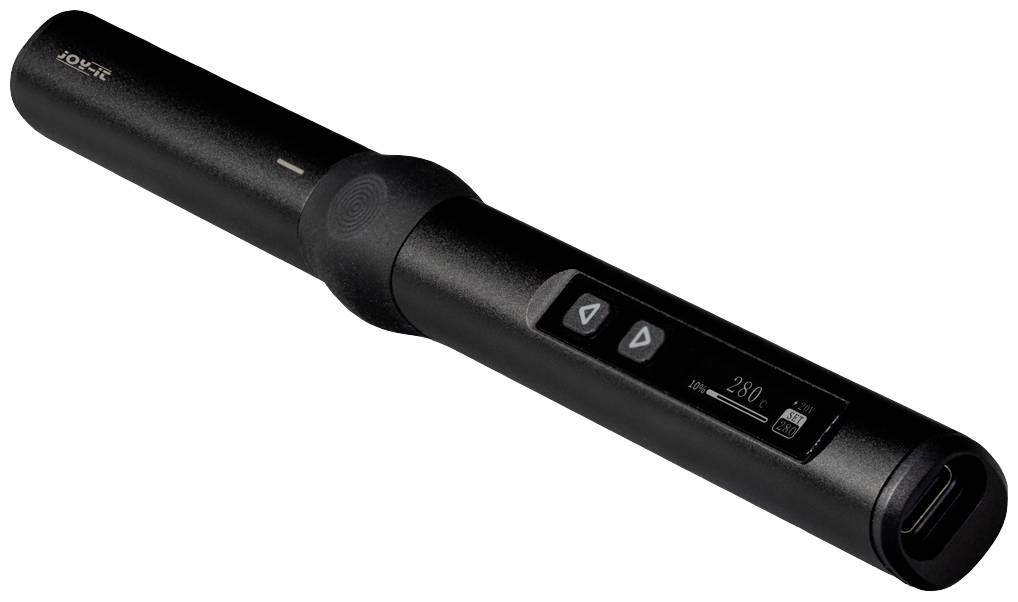 Ein schwarzer, zylinderförmiger kabelloser Haarglätter mit digitalem Display, Temperaturregelung und USB-Ladeanschluss.