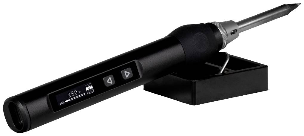 Ein schwarzer Lötkolben mit digitaler Anzeige zeigt '280°C'. Er liegt auf einem schwarzen Ständer.