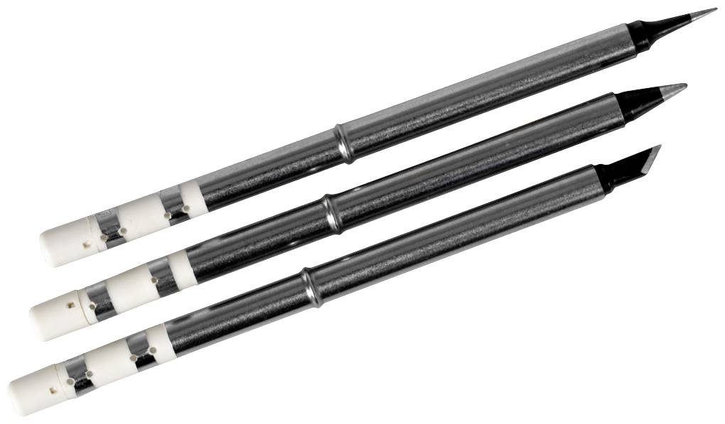 Drei schwarze, austauschbare Stiftspitzen mit unterschiedlichen Formen liegen nebeneinander auf weißem Hintergrund.