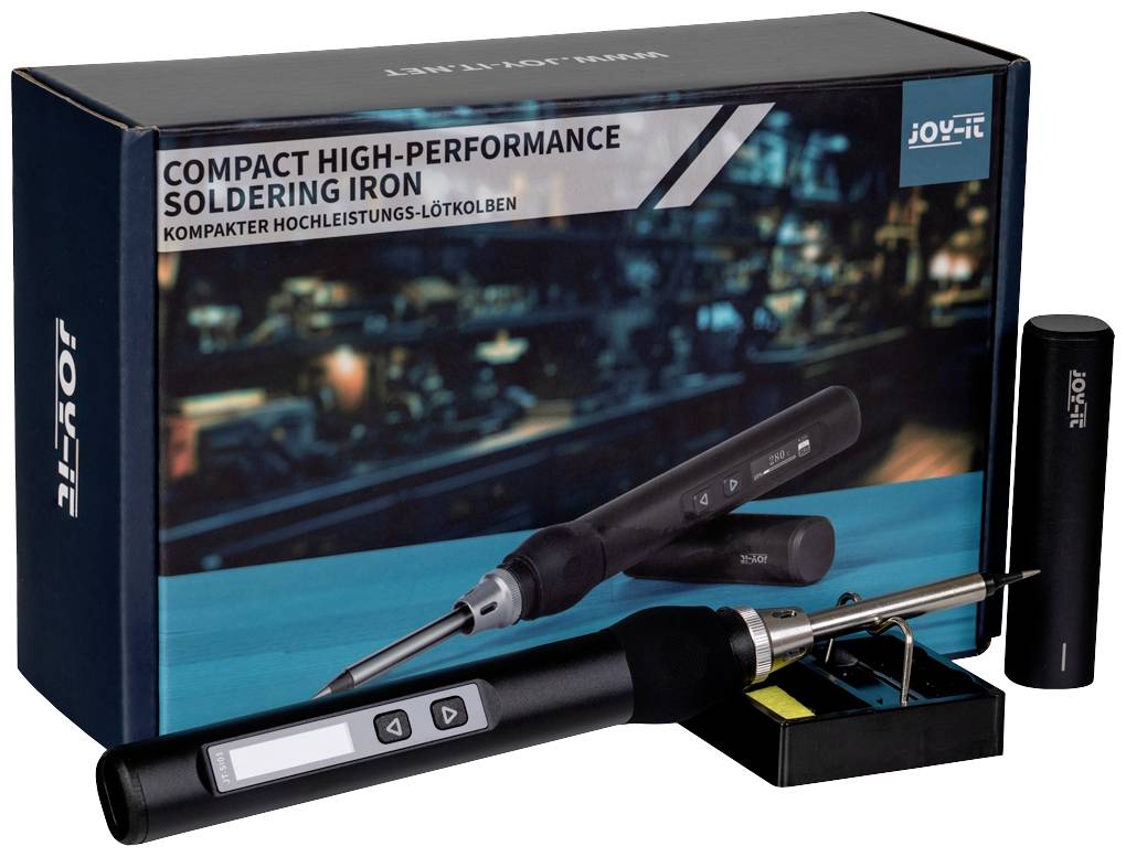 Ein kompakter Hochleistungs-Lötkolben von Joy-It mit Anzeigedisplay, verpackt in einer Schachtel mit städtischem Hintergrundbild.