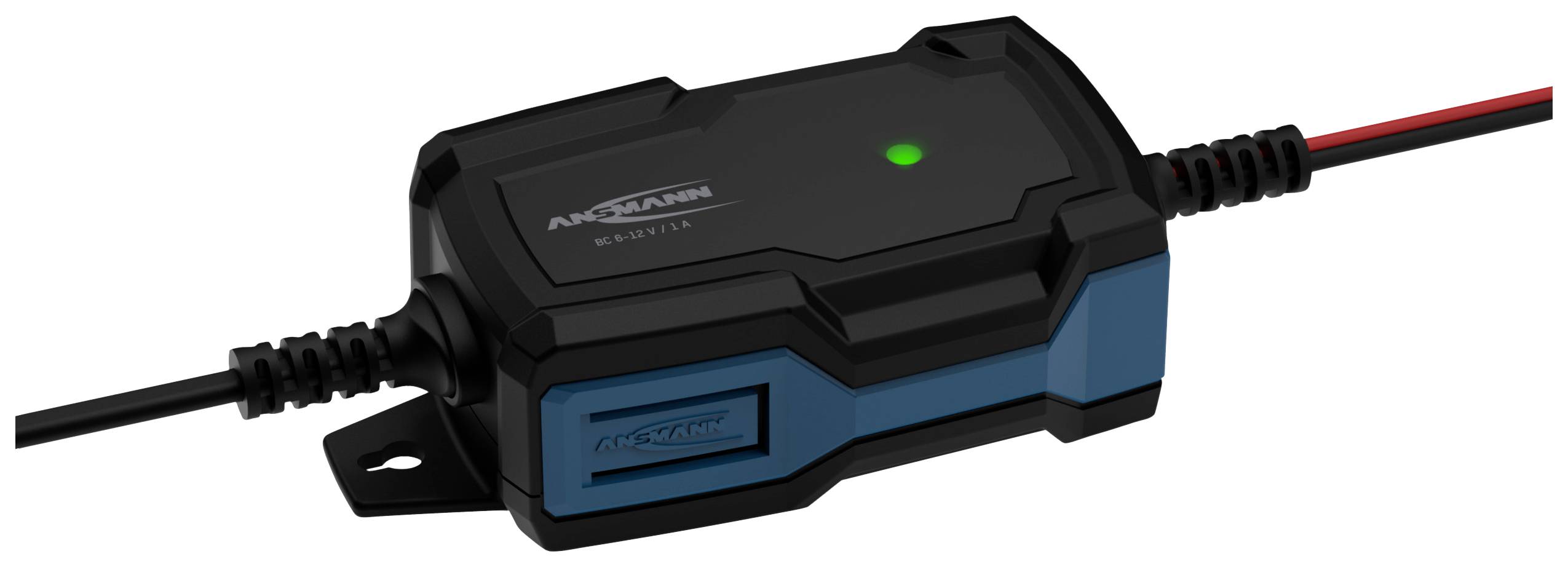 Ein schwarzes Ladegerät mit grün leuchtender LED-Anzeige und zwei angeschlossenen Kabeln zur Stromversorgung und Batterieaufladung.