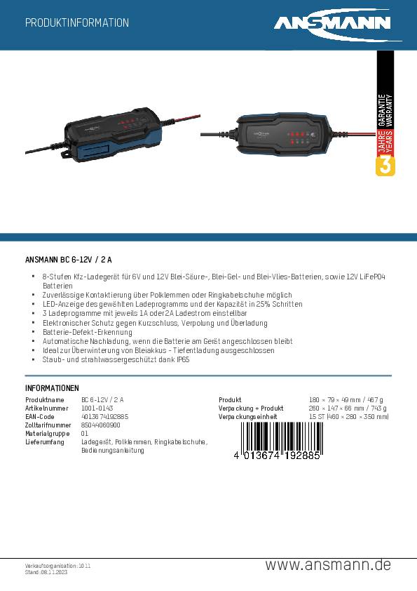 Ladegerät ANSMANN BC 6-12V/2A für Blei-Säure, Blei-Gel, Blei-Vlies-Batterien. Datenblatt mit Spezifikationen und Funktionen.