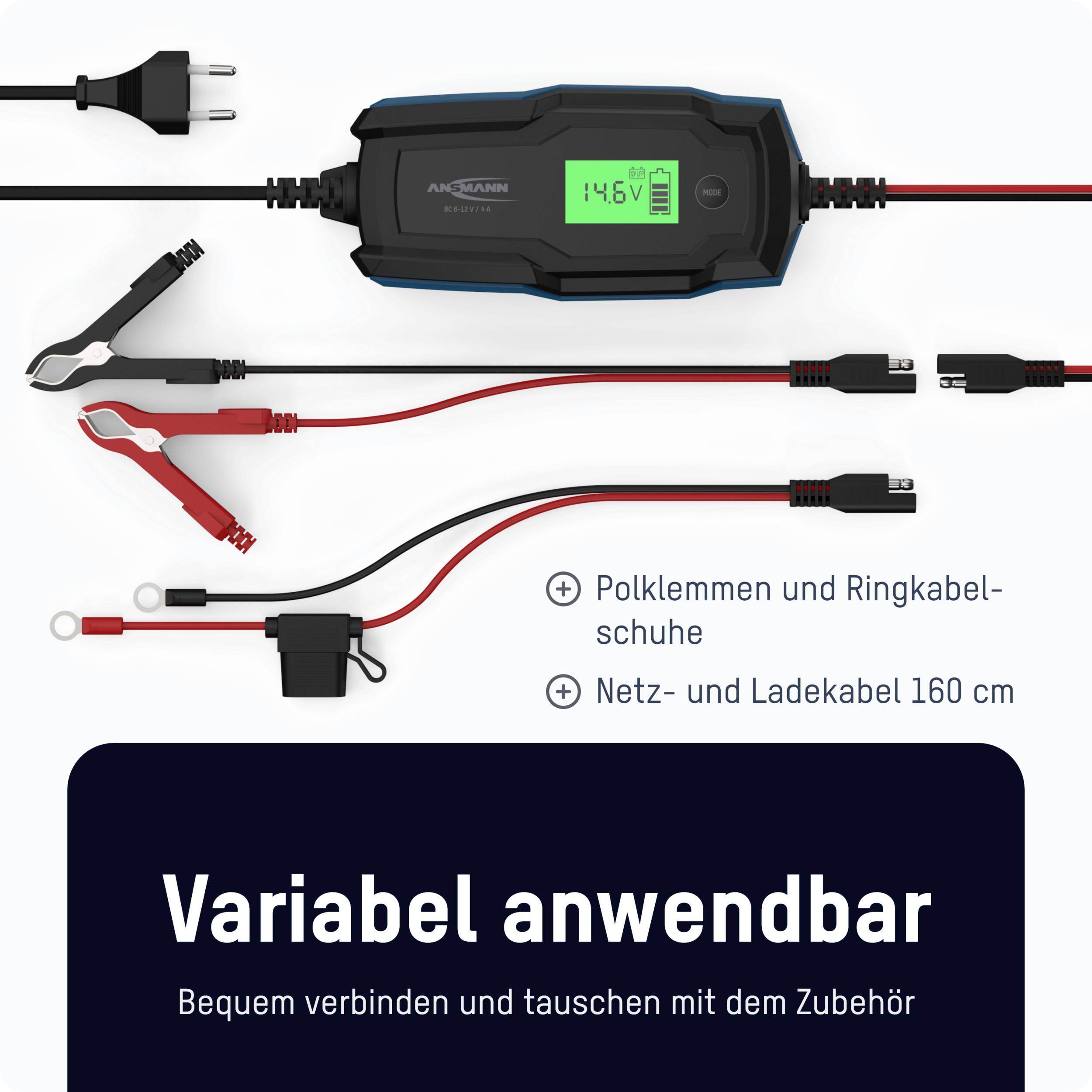 Ladegerät mit LCD-Anzeige zeigt 14,6V. Enthält Krokodilklemmen und Ringkabelschuhe. Text: 'Variabel anwendbar'.
