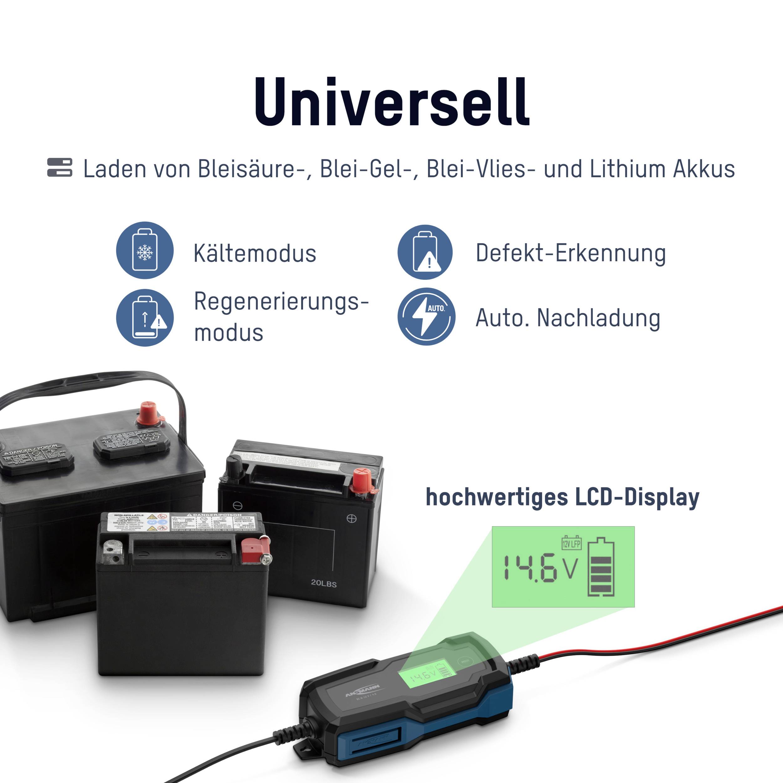 Verschiedene Batterien und Ladegerät. Funktionen: Kältemodus, Regenerierungsmodus, Defekt-Erkennung, Nachladung. LCD-Display zeigt '14.6V'.