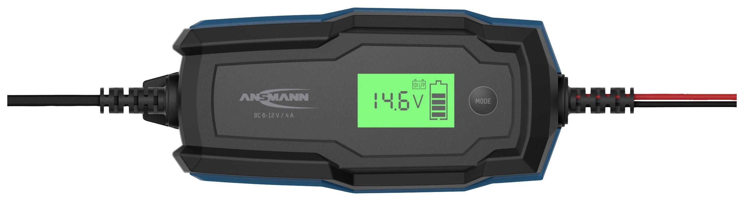 Ein kompakter Batterielader mit Display zeigt '14,6V' und ein Batteriesymbol an, das den Ladevorgang und Akkustand darstellt.